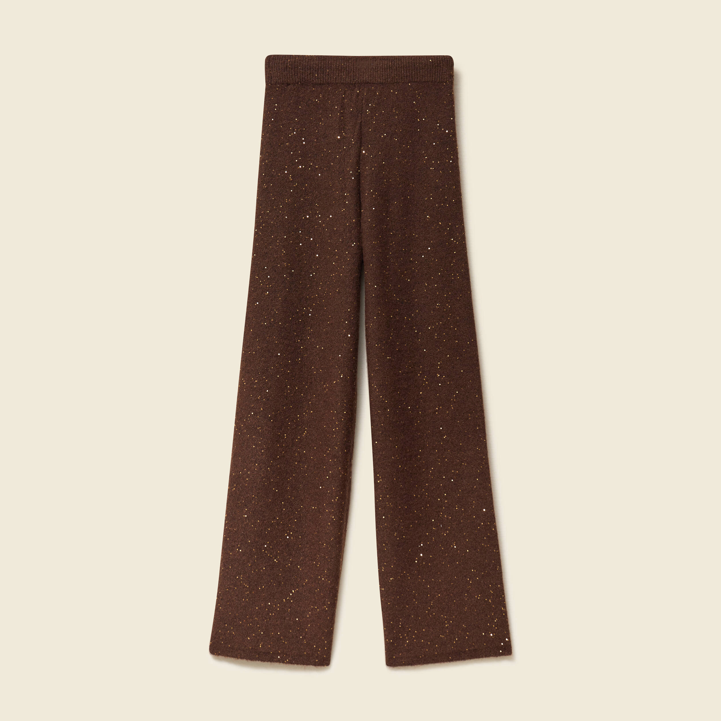 Pantalon large taille haute en maille marron fonc&eacute; femme