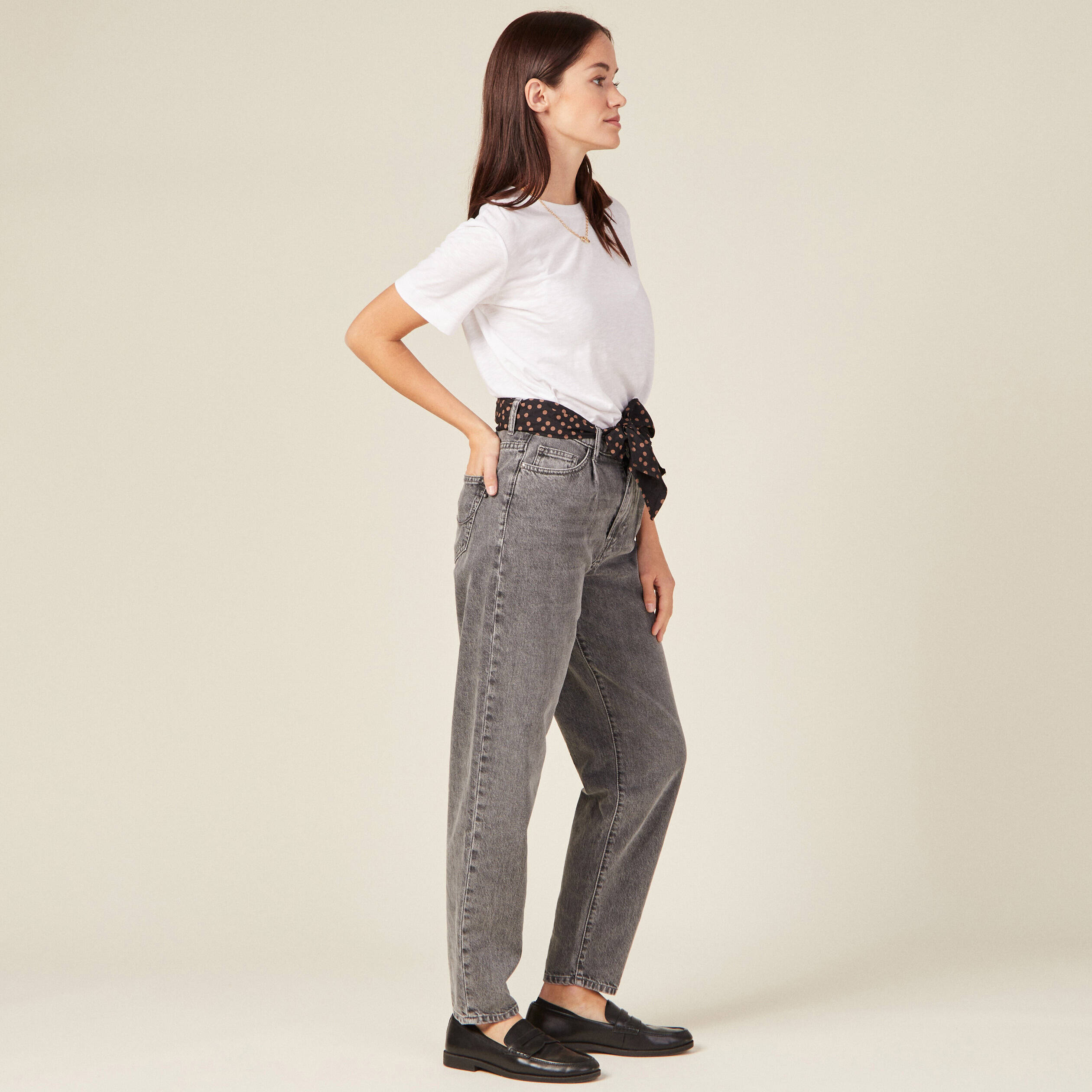 Jeans slouchy ceinturé denim snow gris femme