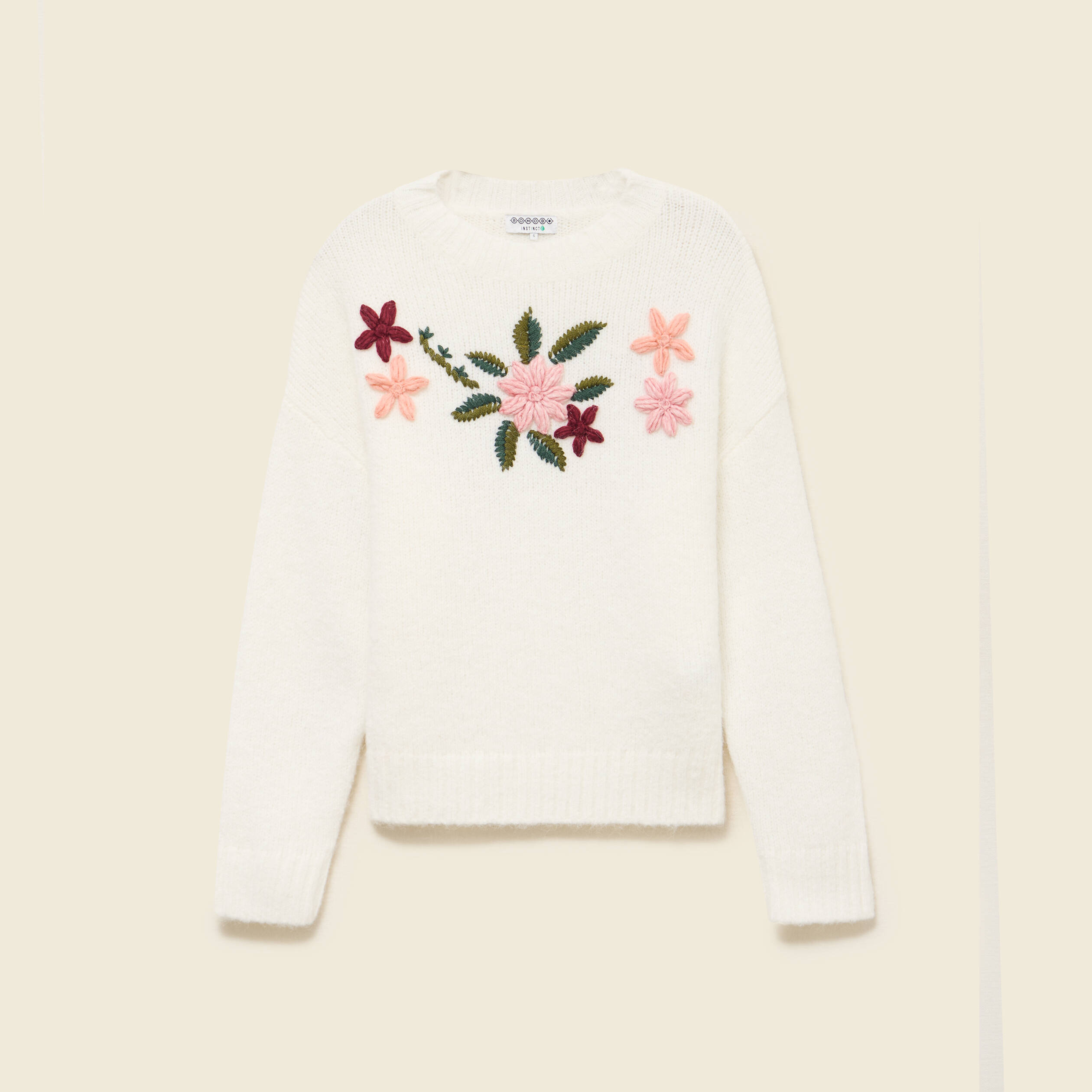 Pull col rond manches longues brod&eacute; ecru femme