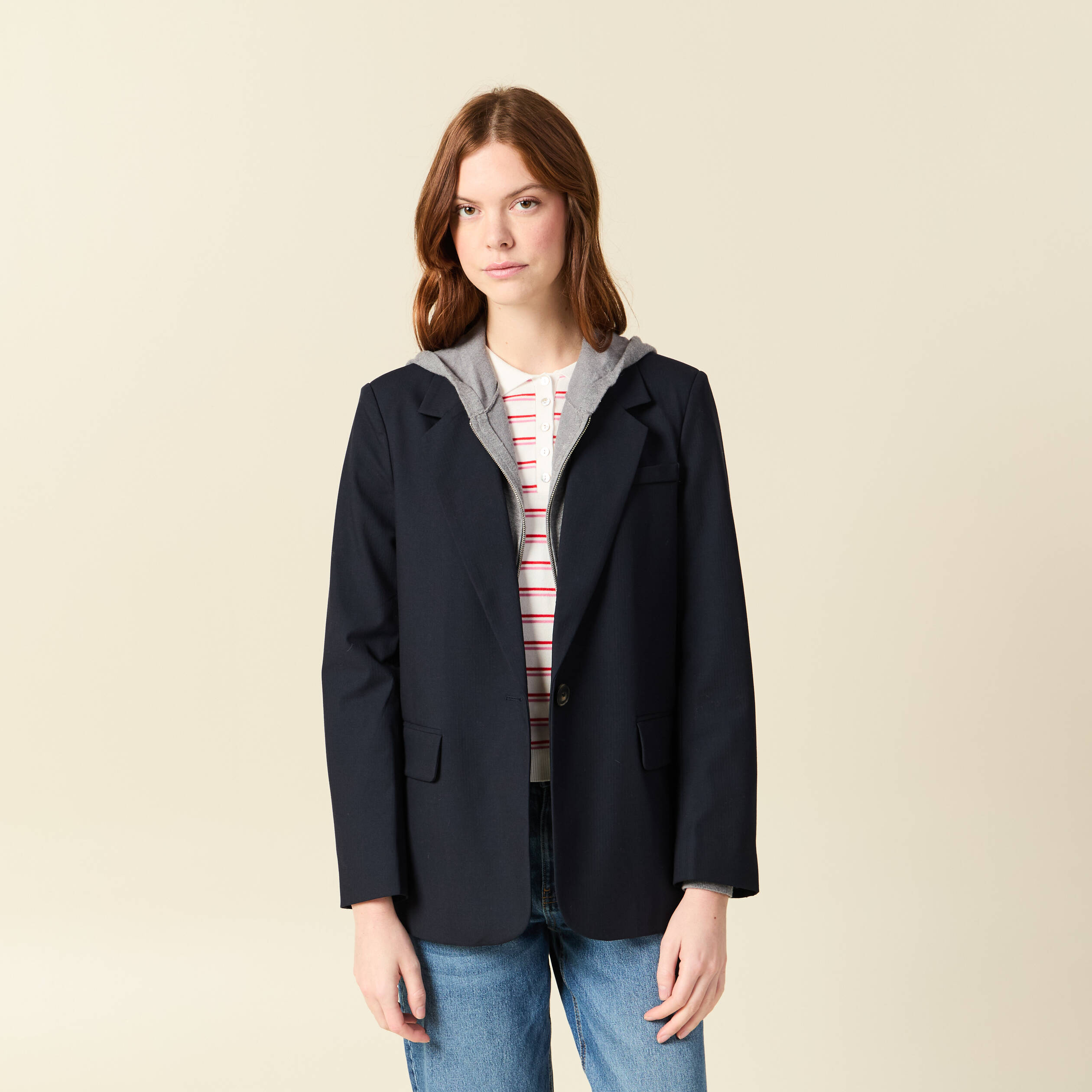 Blazer manches longues col tailleur bleu marine femme