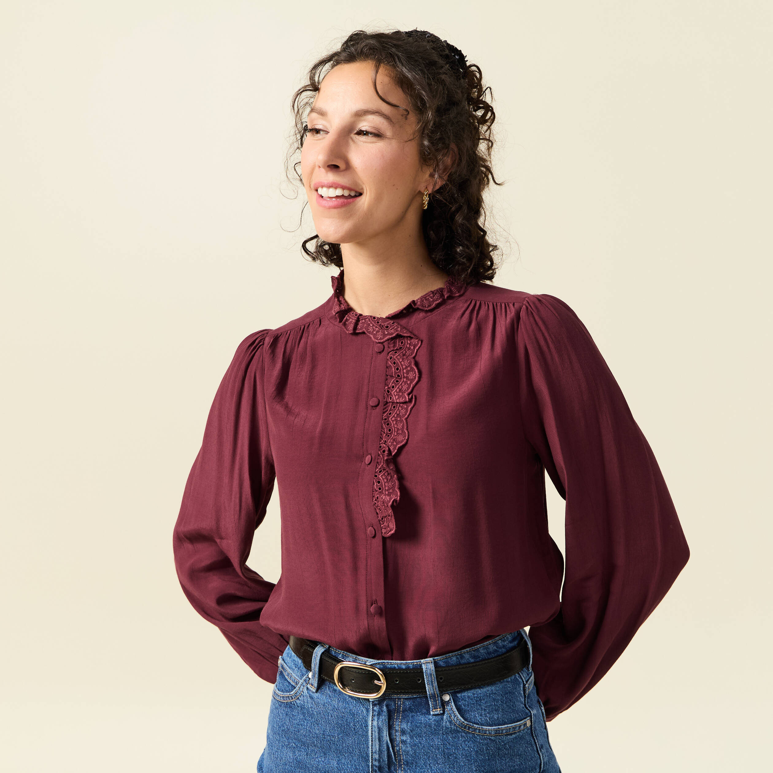 Chemise manches longues fluide bordeaux femme Bonobo