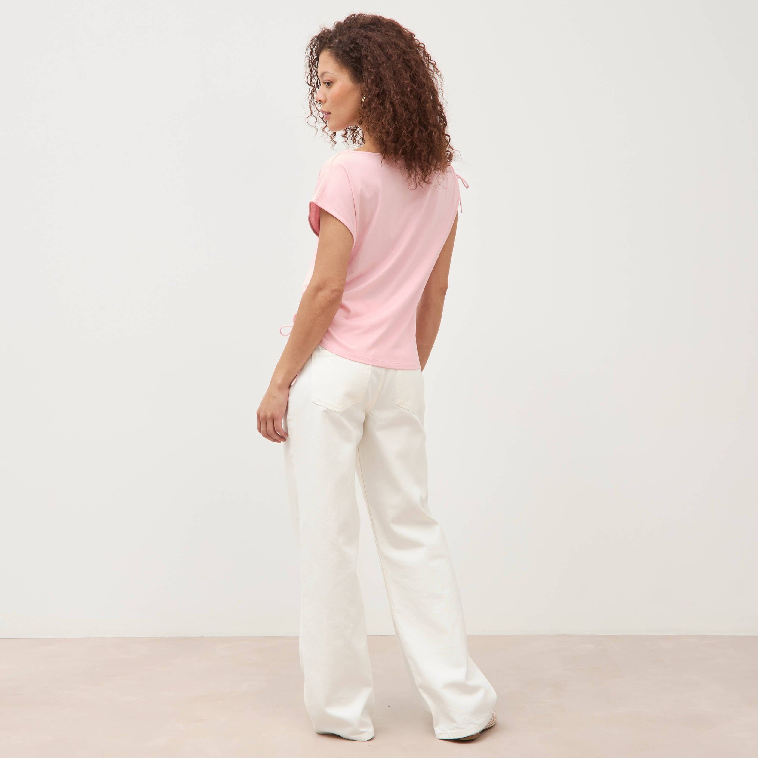 T-shirt col bateau manches courtes rose clair femme