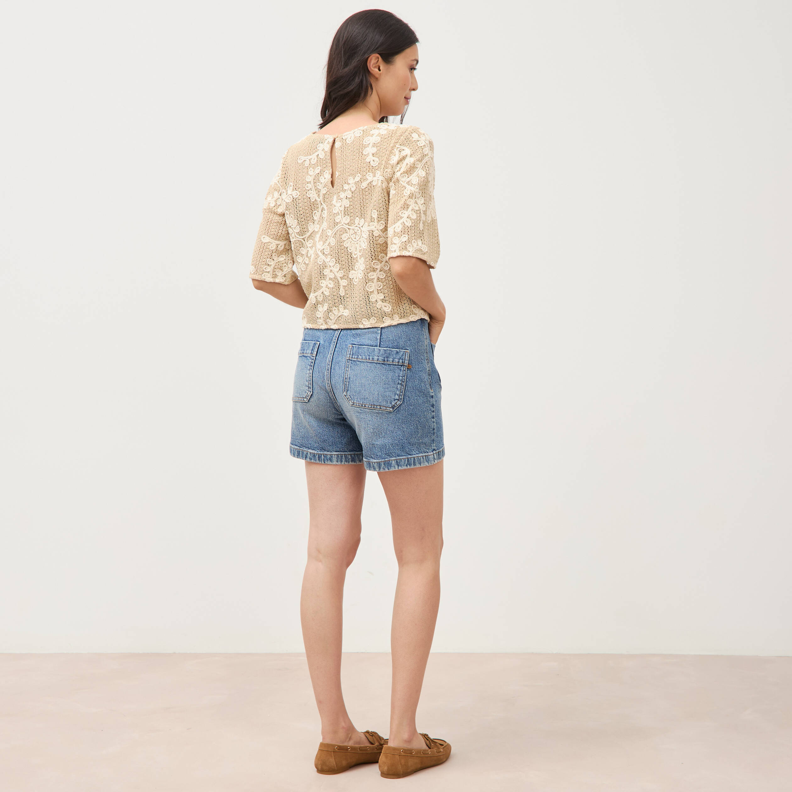 T-shirt brod&eacute; col rond manches 3/4 beige femme