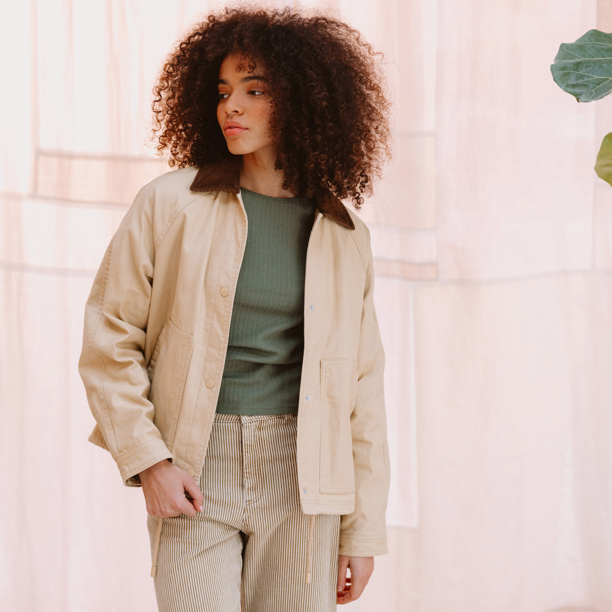 Veste oversize mi-longue en coton beige femme