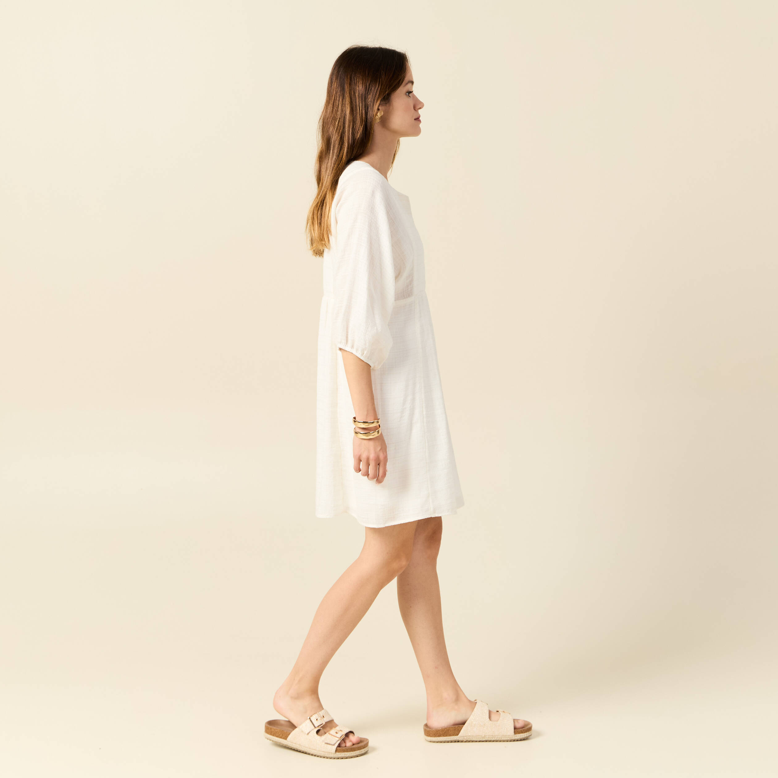 Robe &eacute;vas&eacute;e manches 3/4 ecru femme