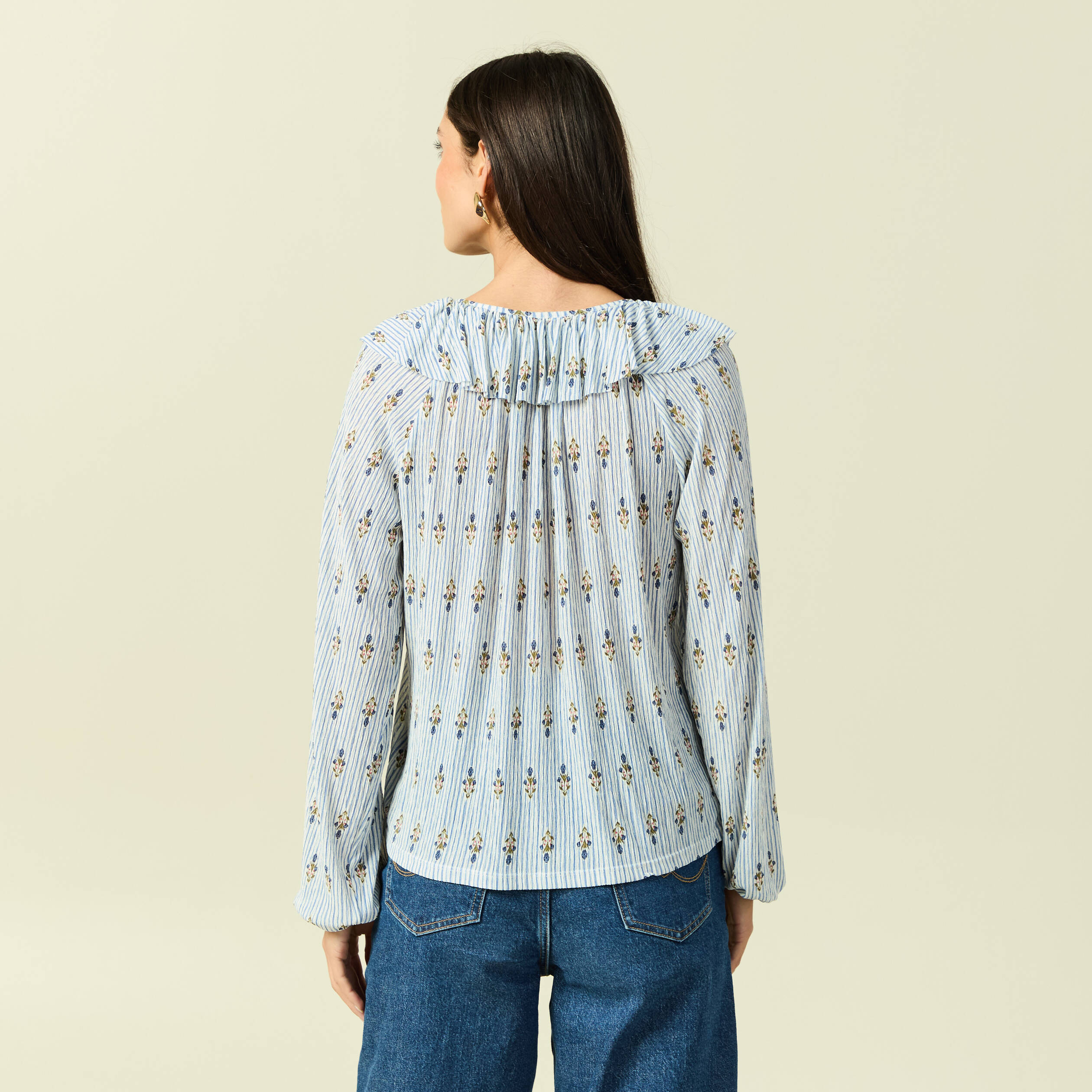 Blouse col rond manches longues bleu ciel femme