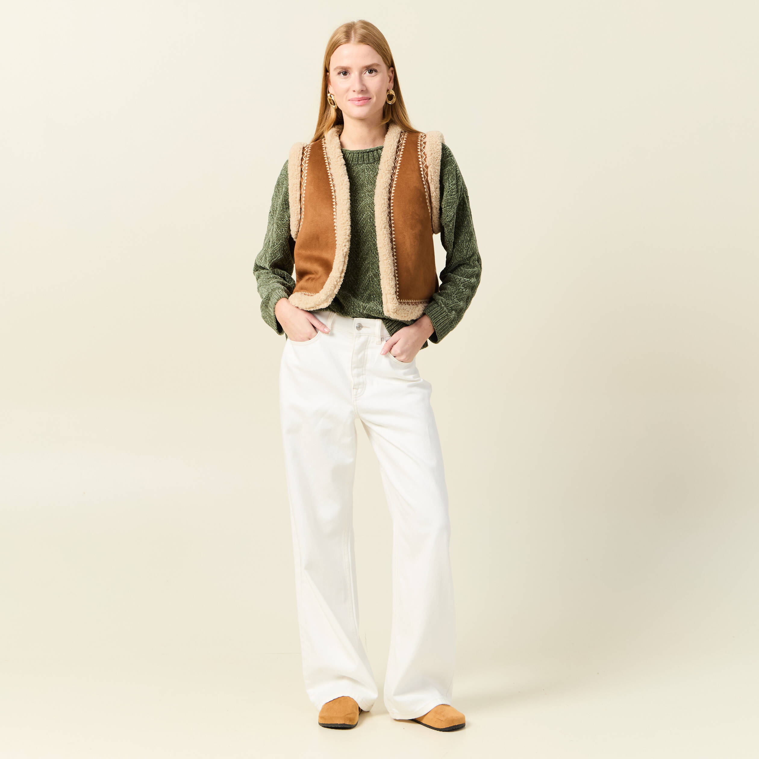 Pull manches longues ajouré vert kaki femme