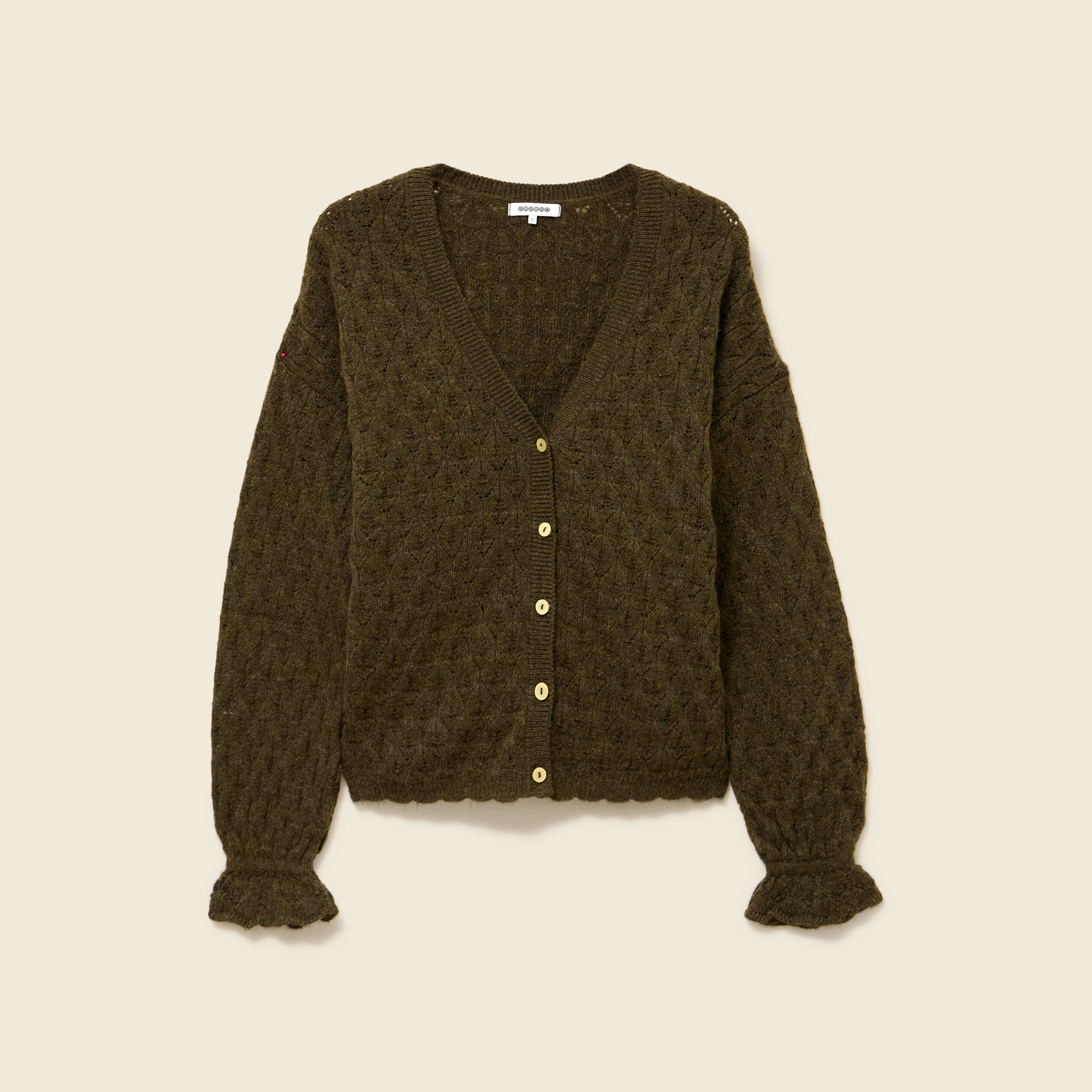 Gilet ajour&eacute; droit court col v vert kaki femme