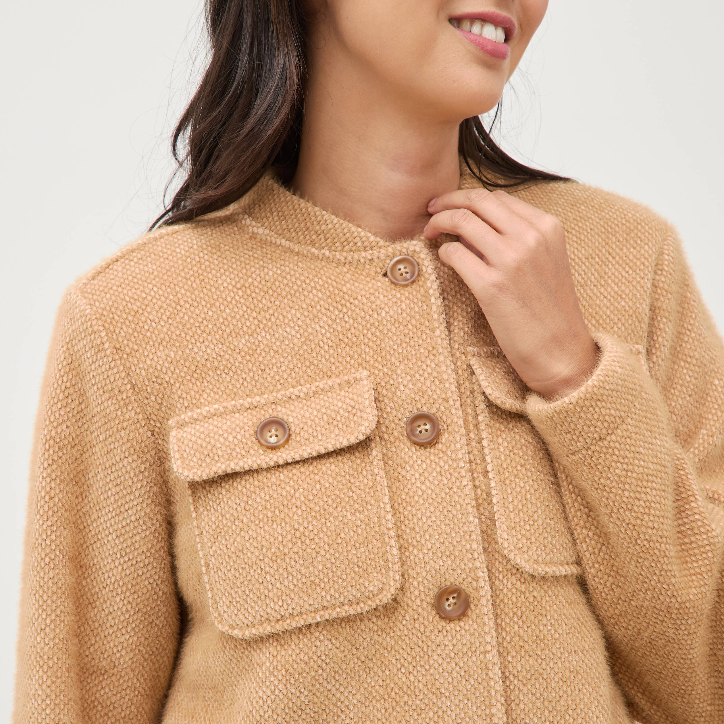 Gilet droit manches longues col mao camel femme