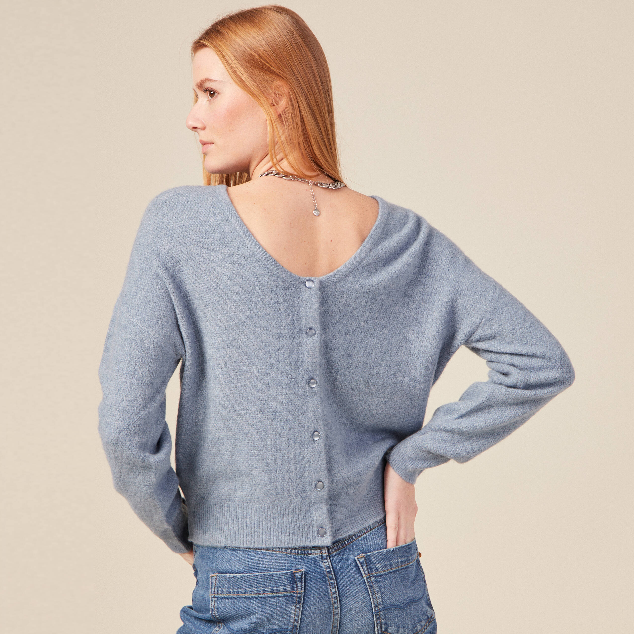 Gilet manches longues col rond bleu gris femme Bonobo