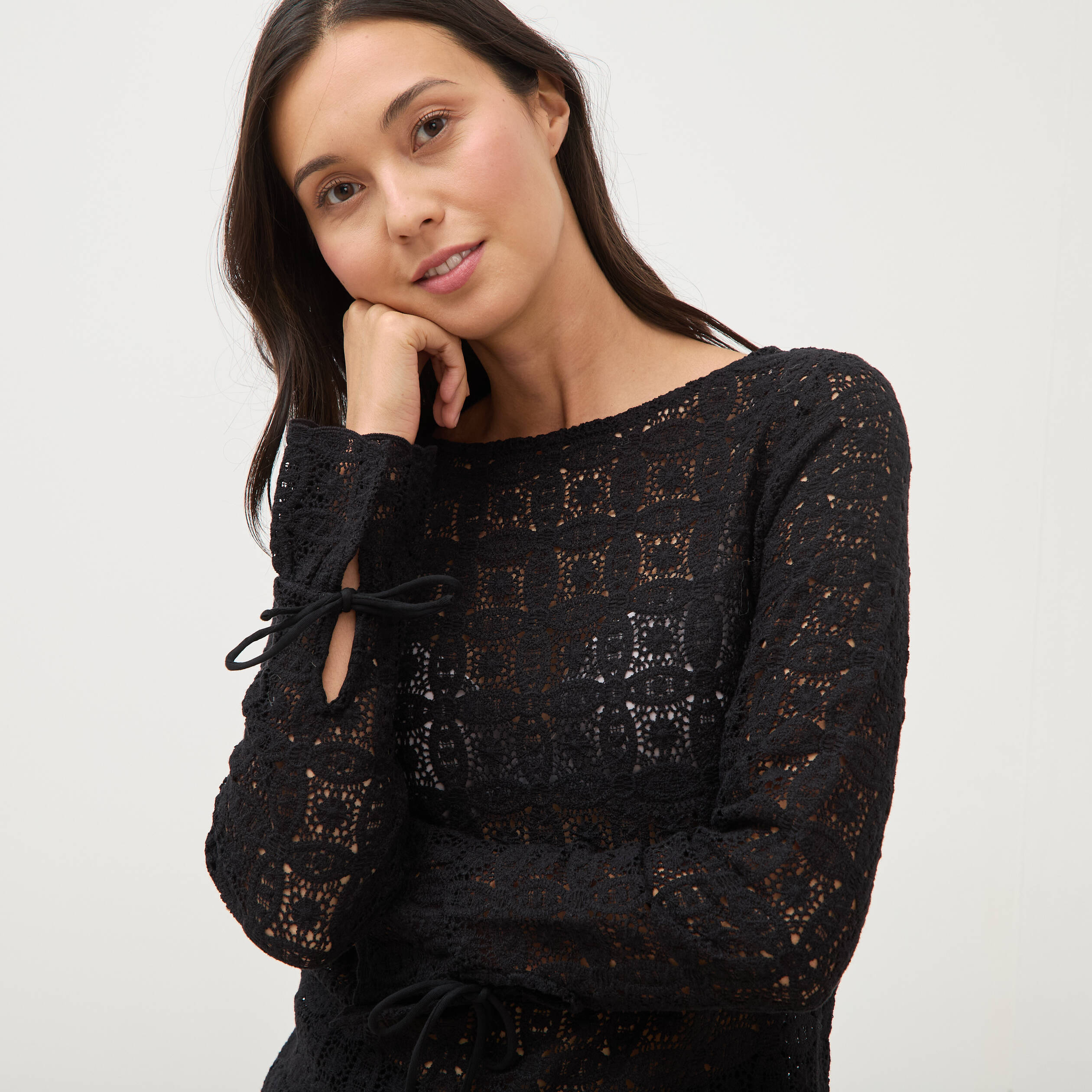 T-shirt manches longues en dentelle noir femme
