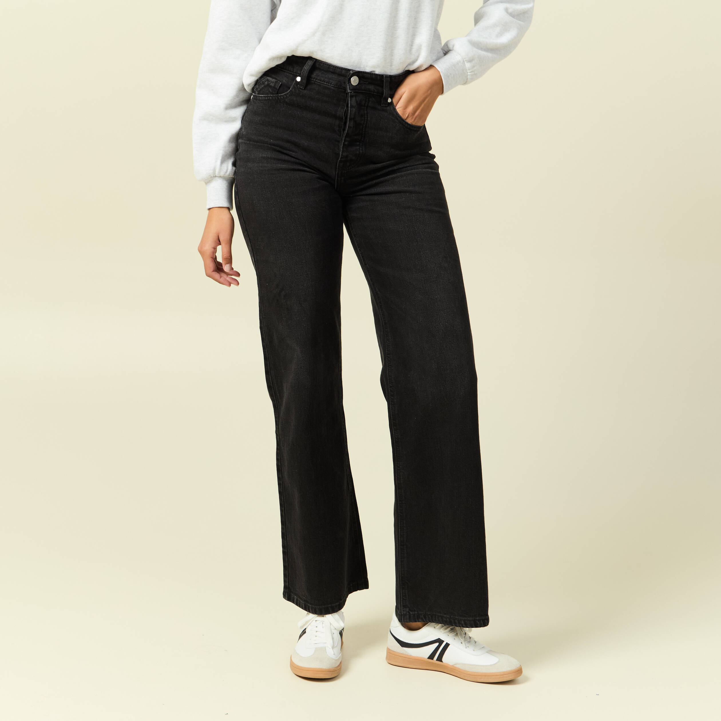 jeans large taille haute denim noir femme Jeans large taille haute denim noir femme