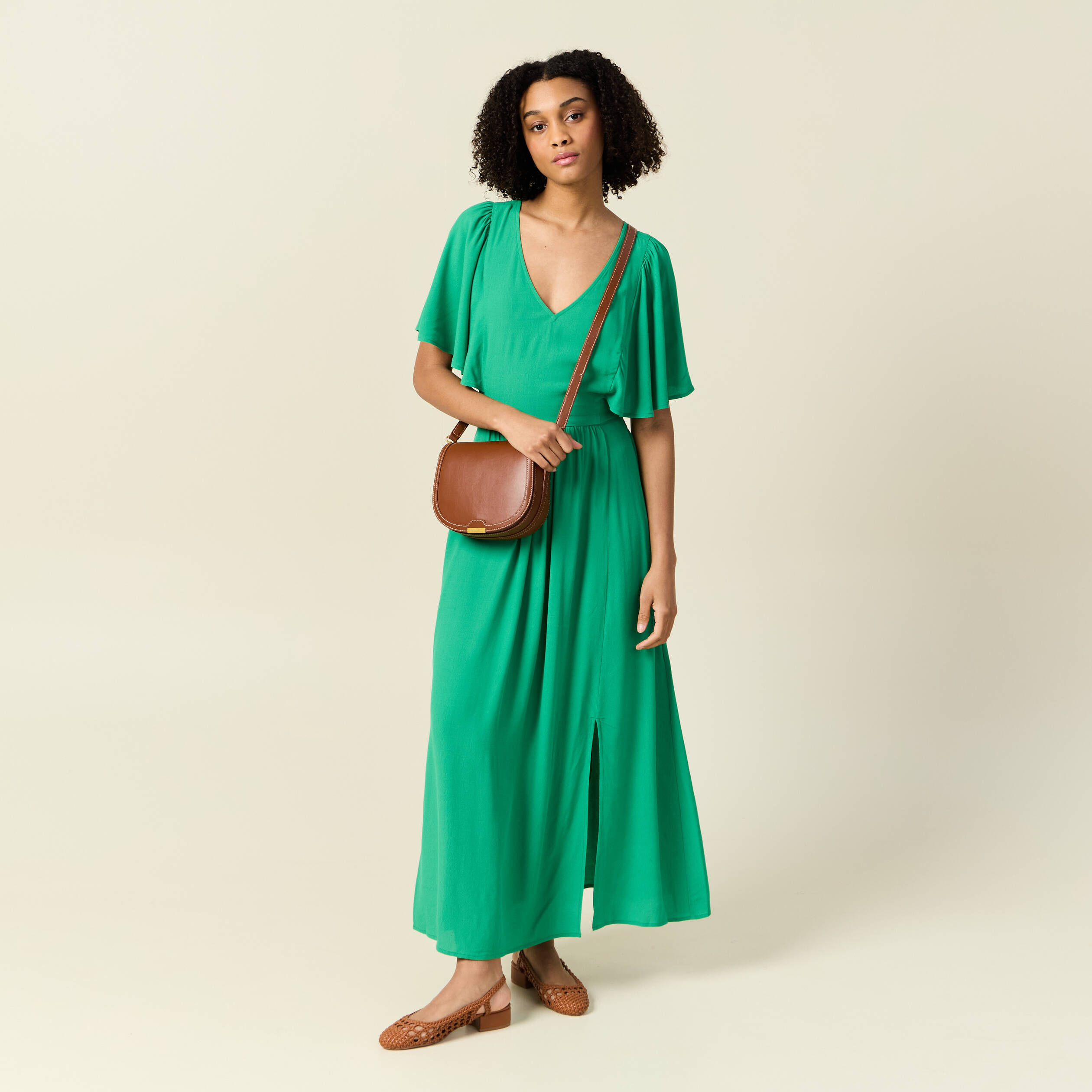 robe longue evasee fendue vert femme Robe longue évasée fendue vert femme