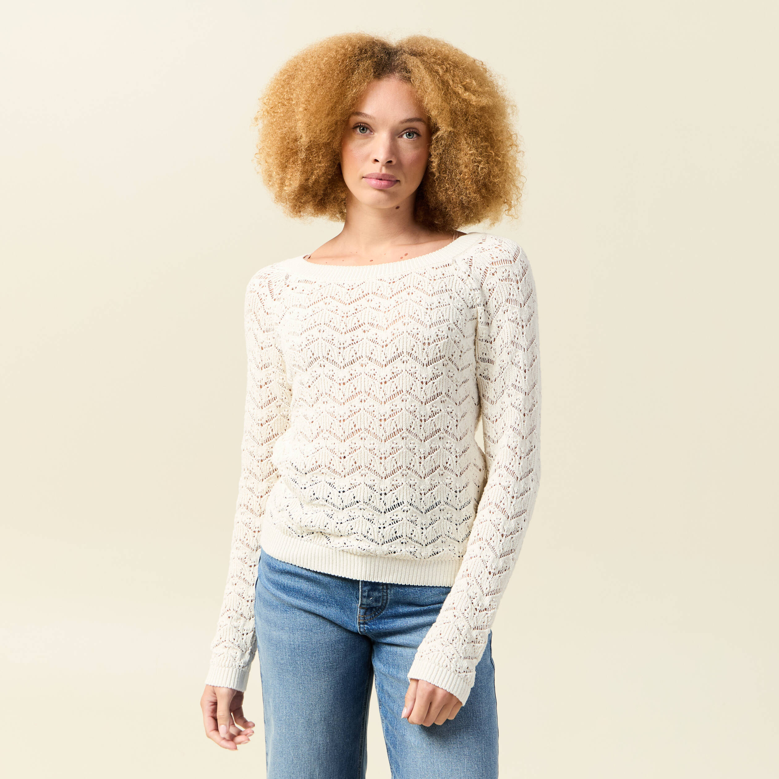 pull ajoure col bateau manches longues ecru femme Pull ajouré col bateau manches longues ecru femme