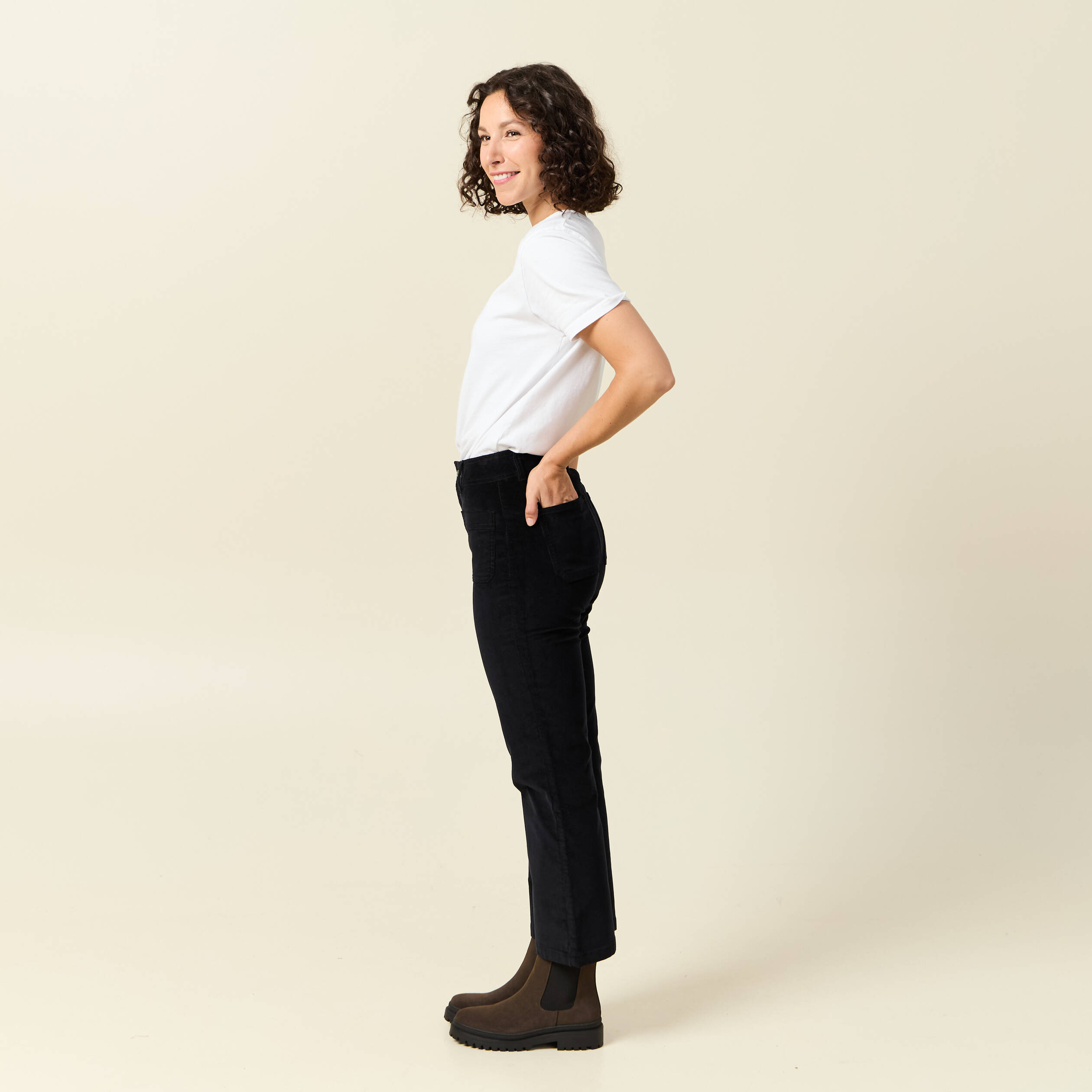 Pantalon bootcut cropped taille haute noir femme