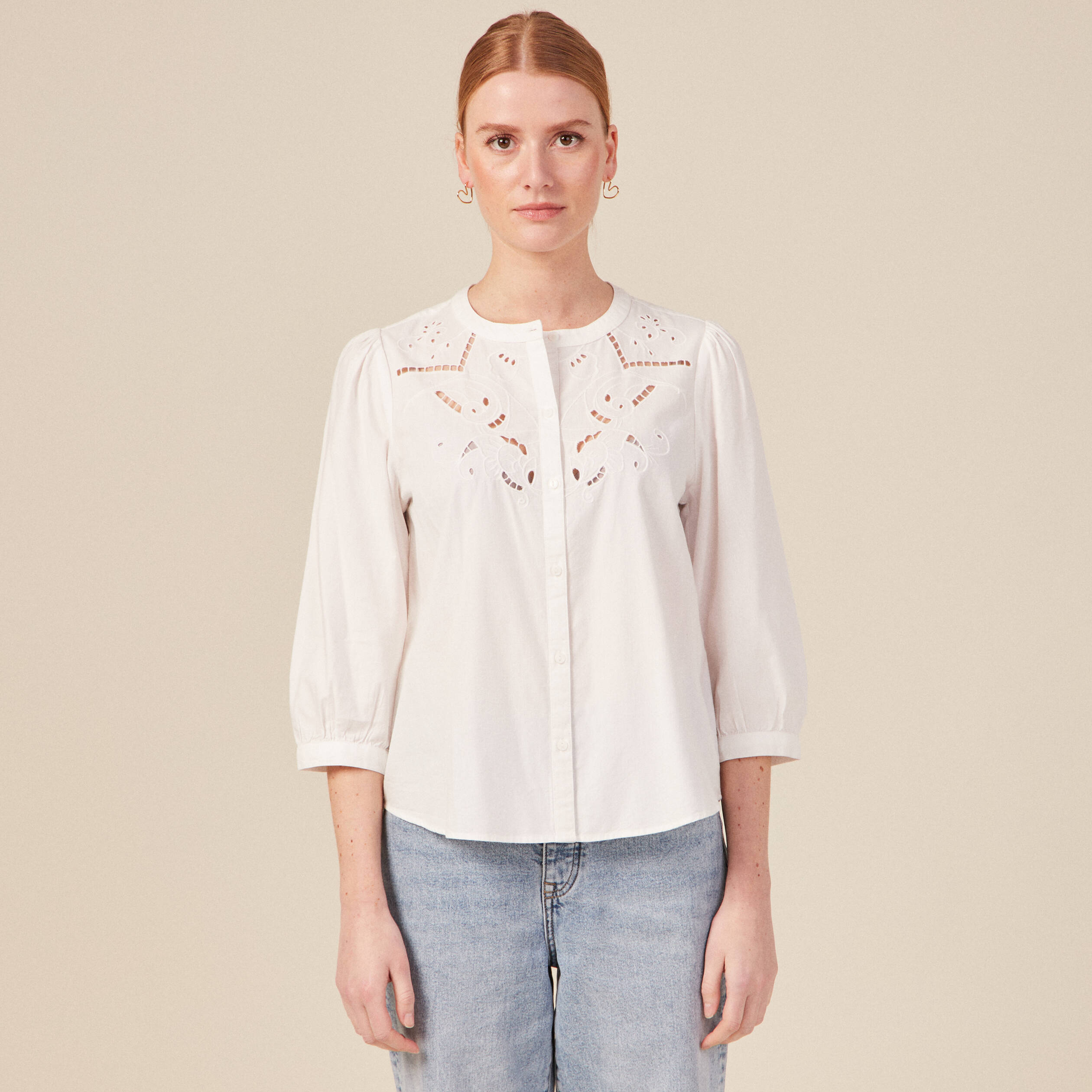 Chemise manches 3 4 brodee ecru femme Bonobo
