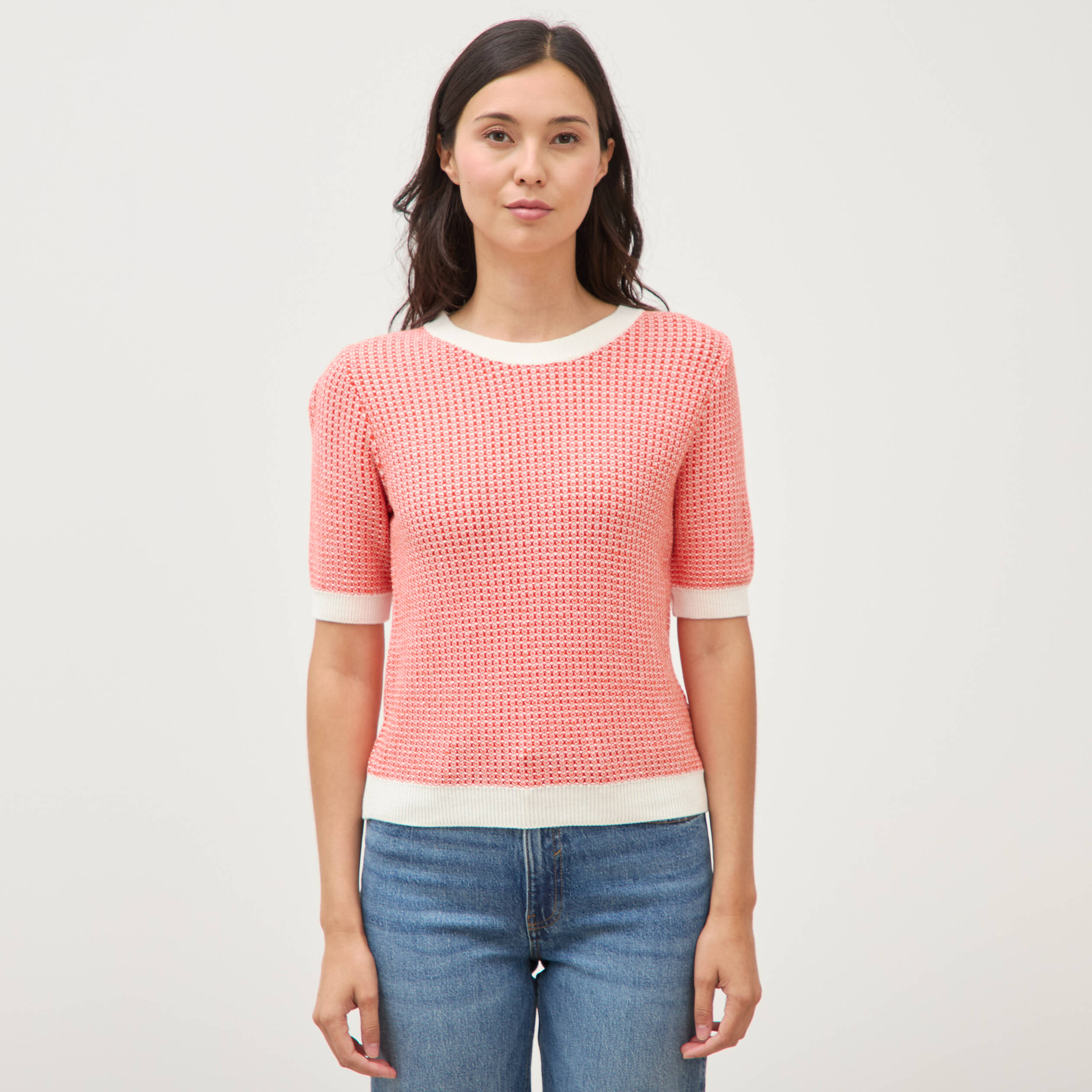 Pull droit court manches courtes orange fonc&eacute; femme