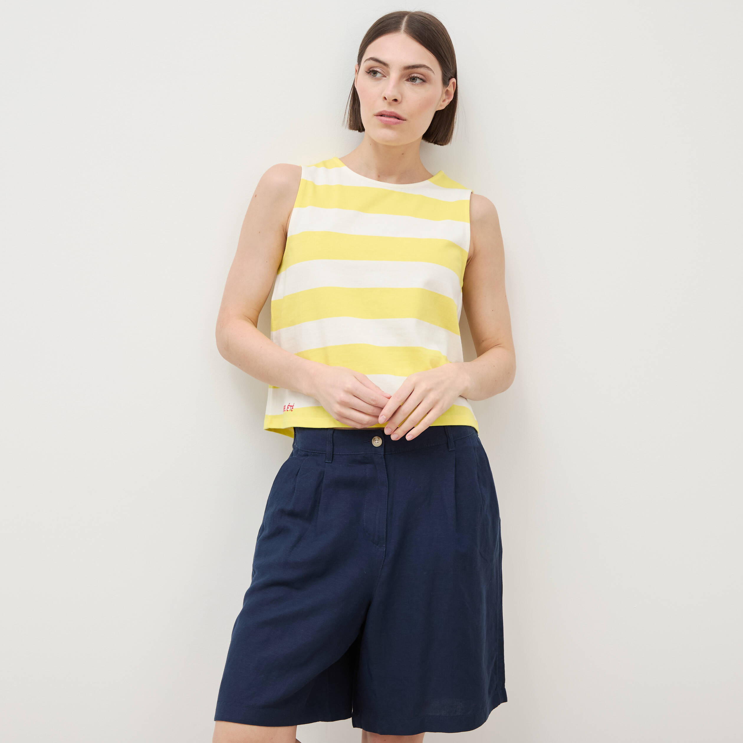 D&eacute;bardeur ray&eacute; col rond en coton jaune femme