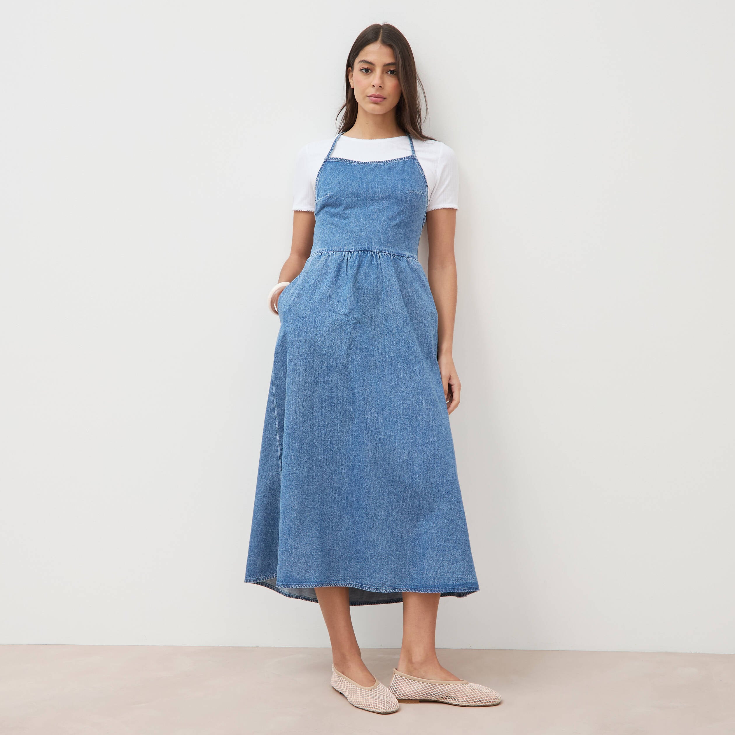 Robe bretelle en jeans col rond denim used femme