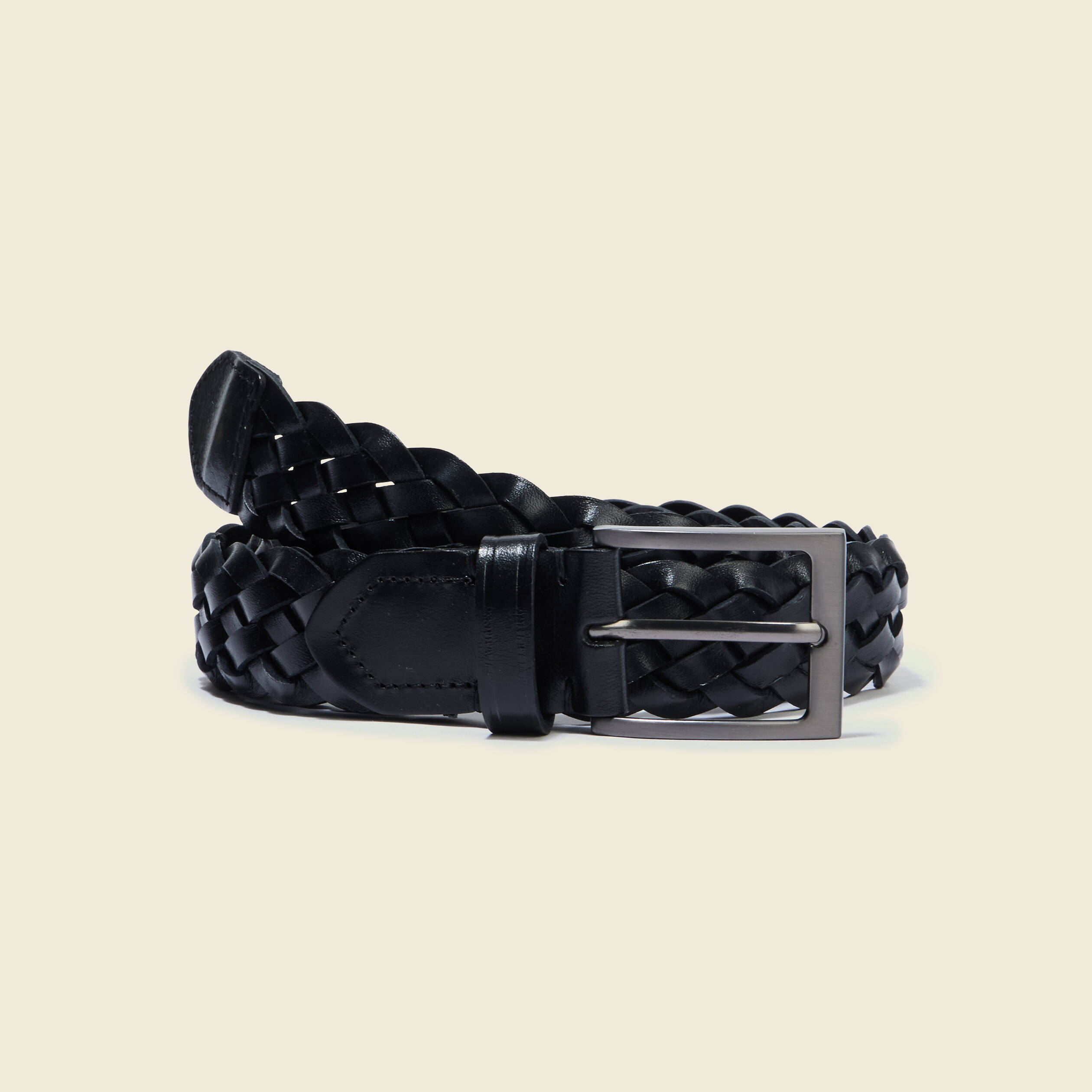 Ceinture large tress&eacute;e en cuir noir homme