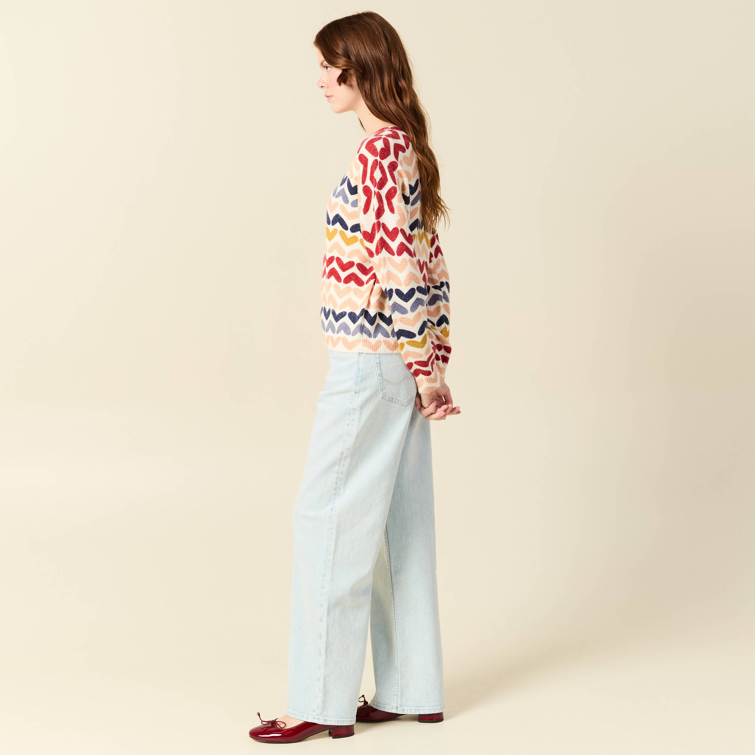 Pull col rond manches longues ecru femme