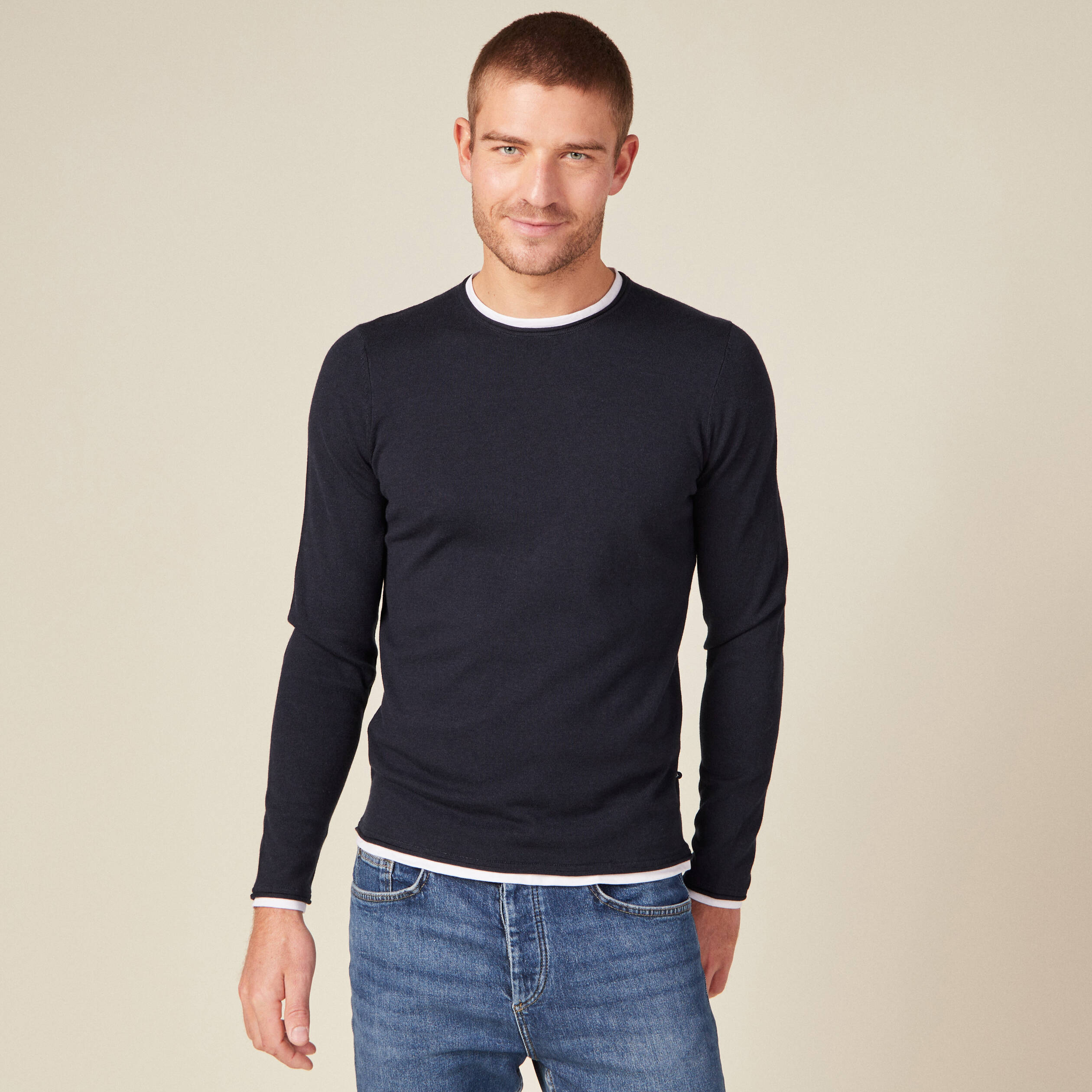 Pull manches longues 2-en-1 bleu marine homme