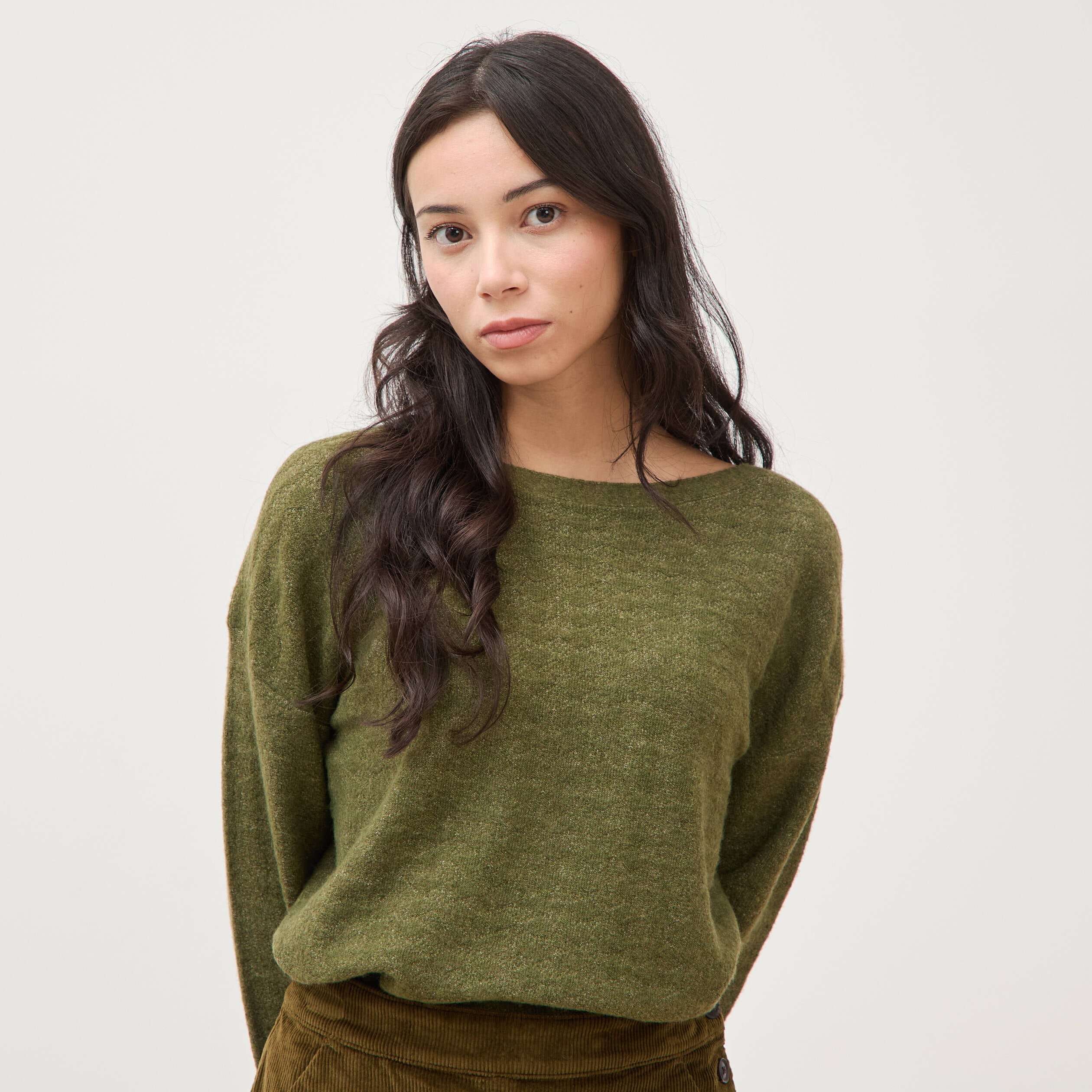 Pull manches longues col bateau vert kaki femme