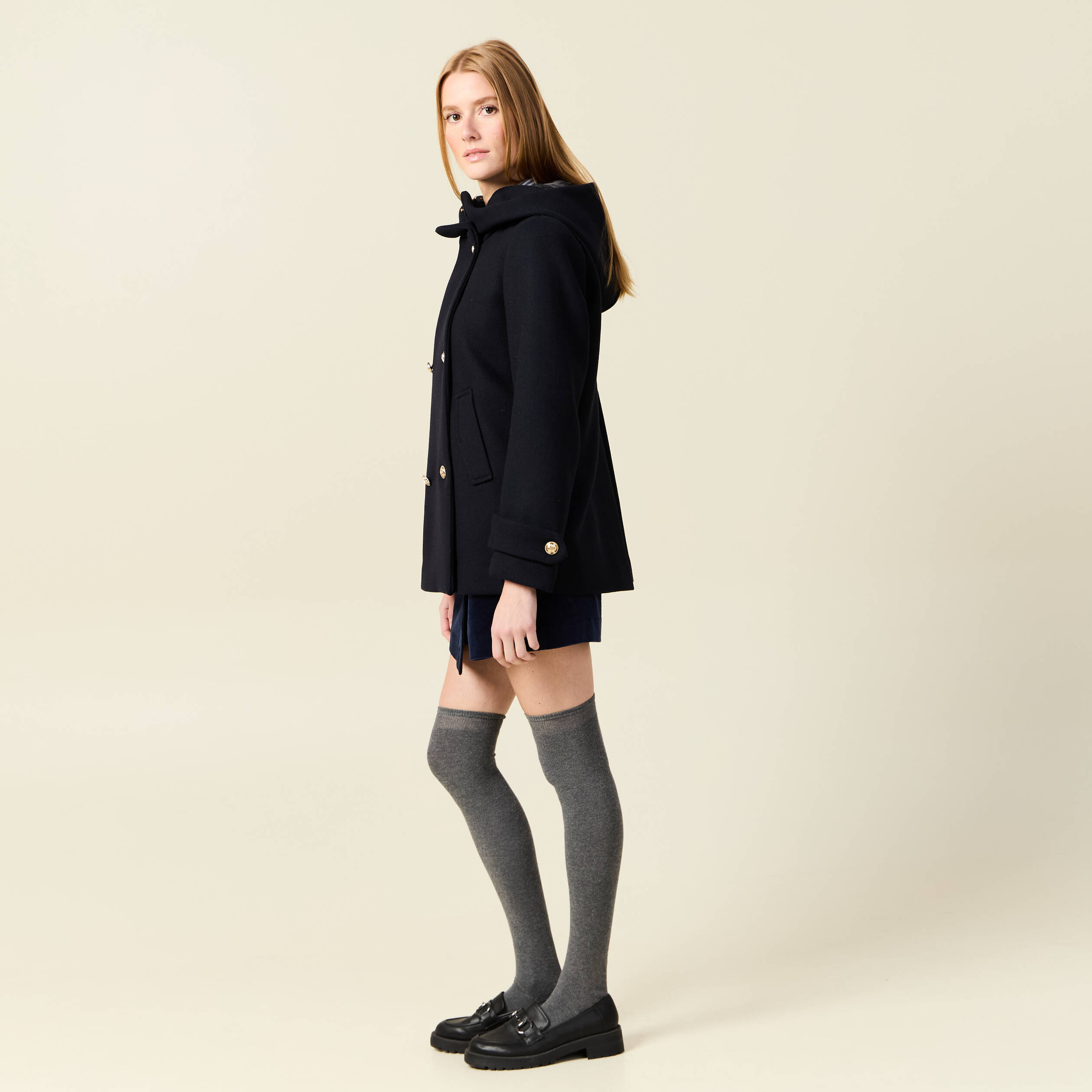 Caban oversize court &agrave; capuche bleu fonc&eacute; femme