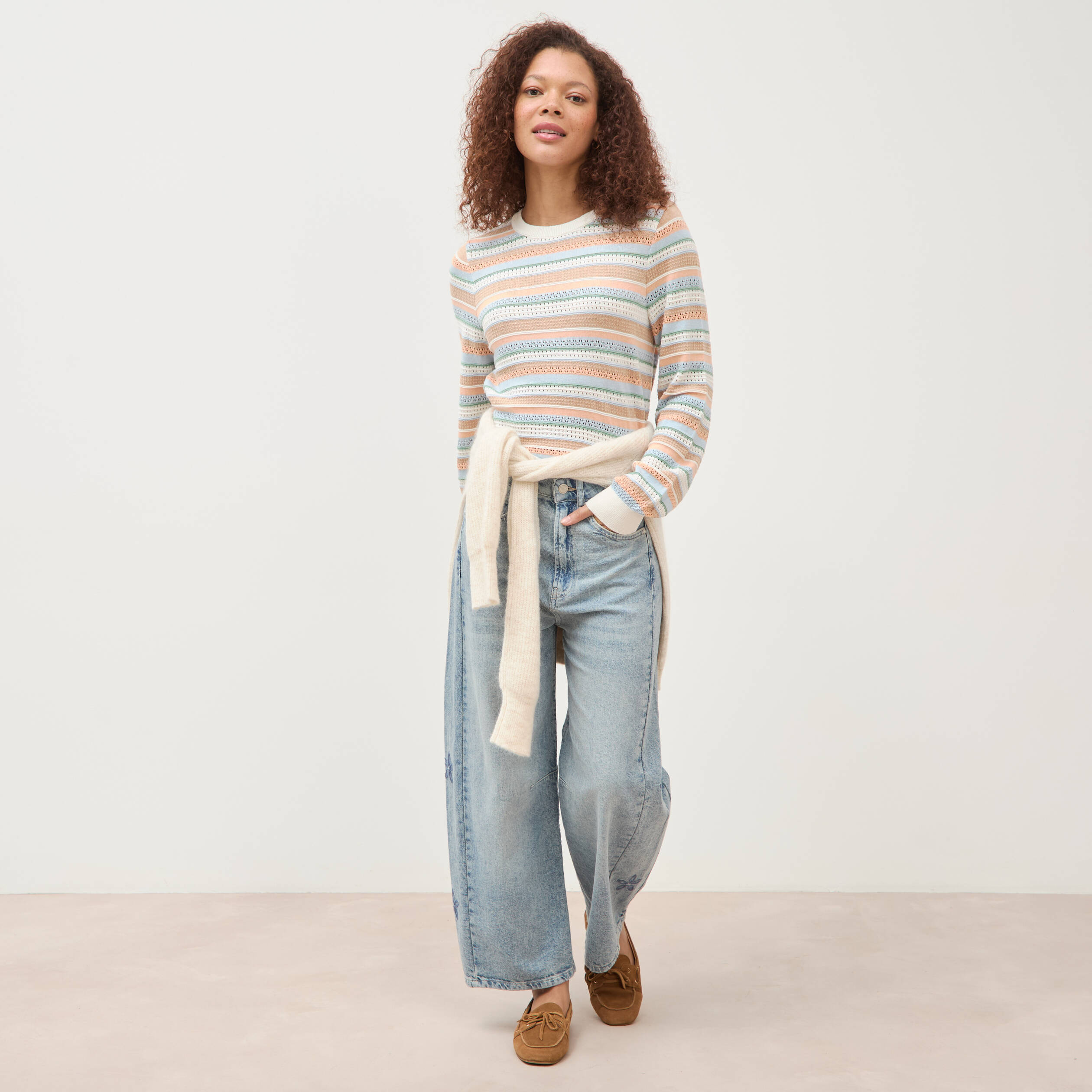 Pull ajour&eacute; col rond manches longues multicolore femme