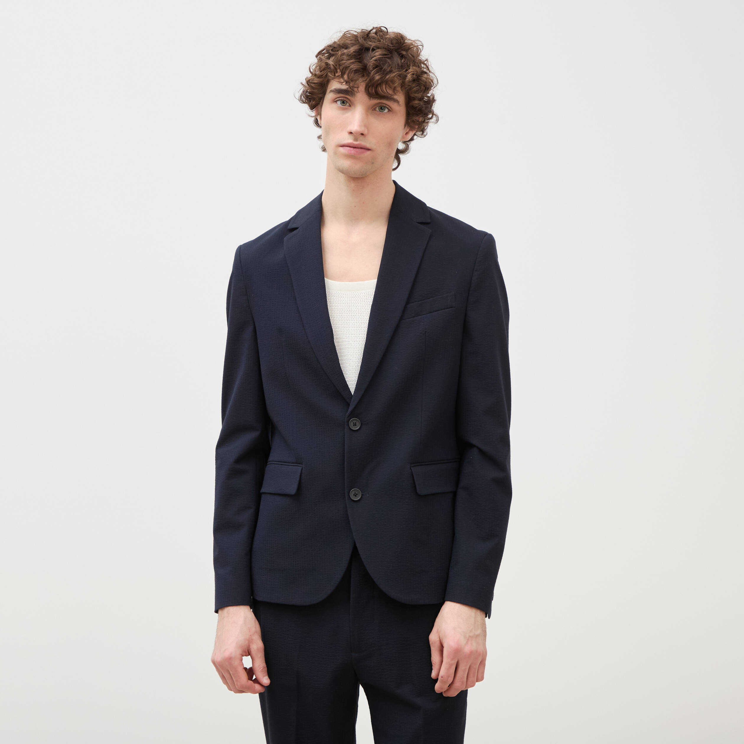 Blazer cintr&eacute; manches longues doubl&eacute; bleu marine homme