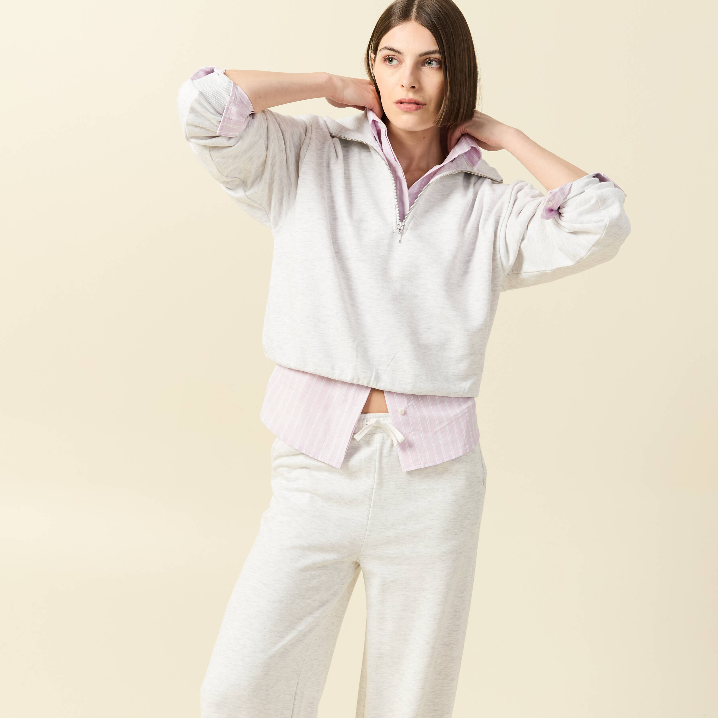 Sweat manches longues col camionneur gris femme