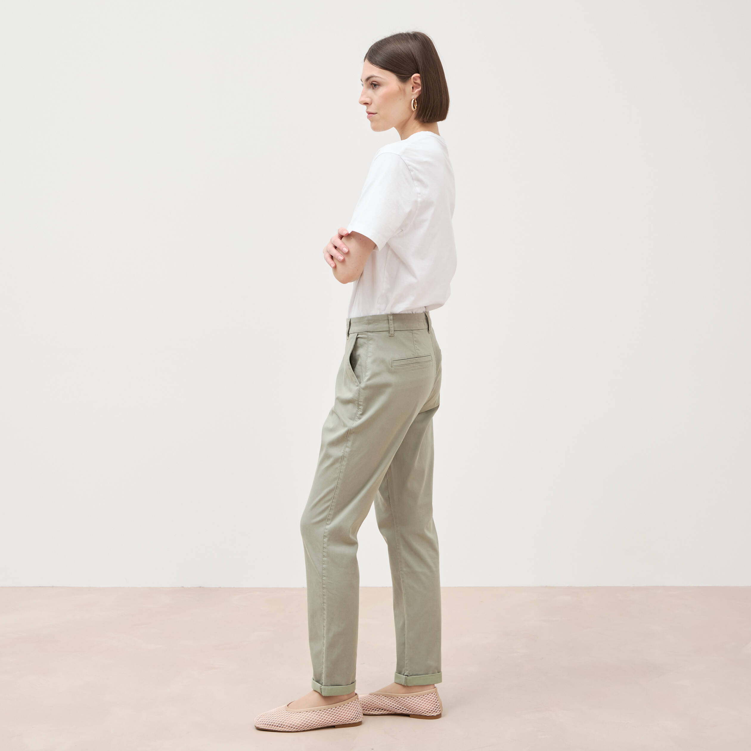 Chino cigarette 7/8&egrave;me taille haute vert kaki femme