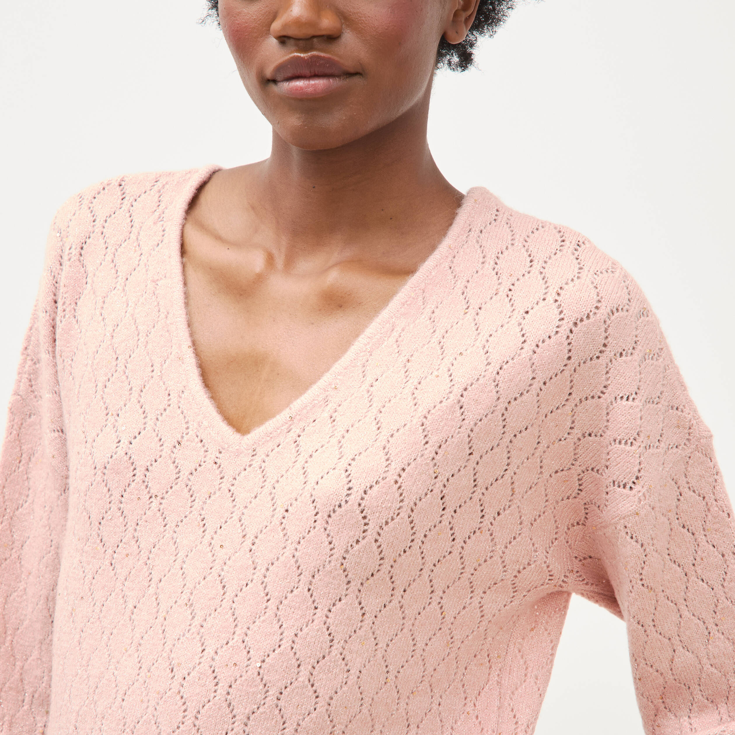 Pull oversize col v manches longues rose pastel femme
