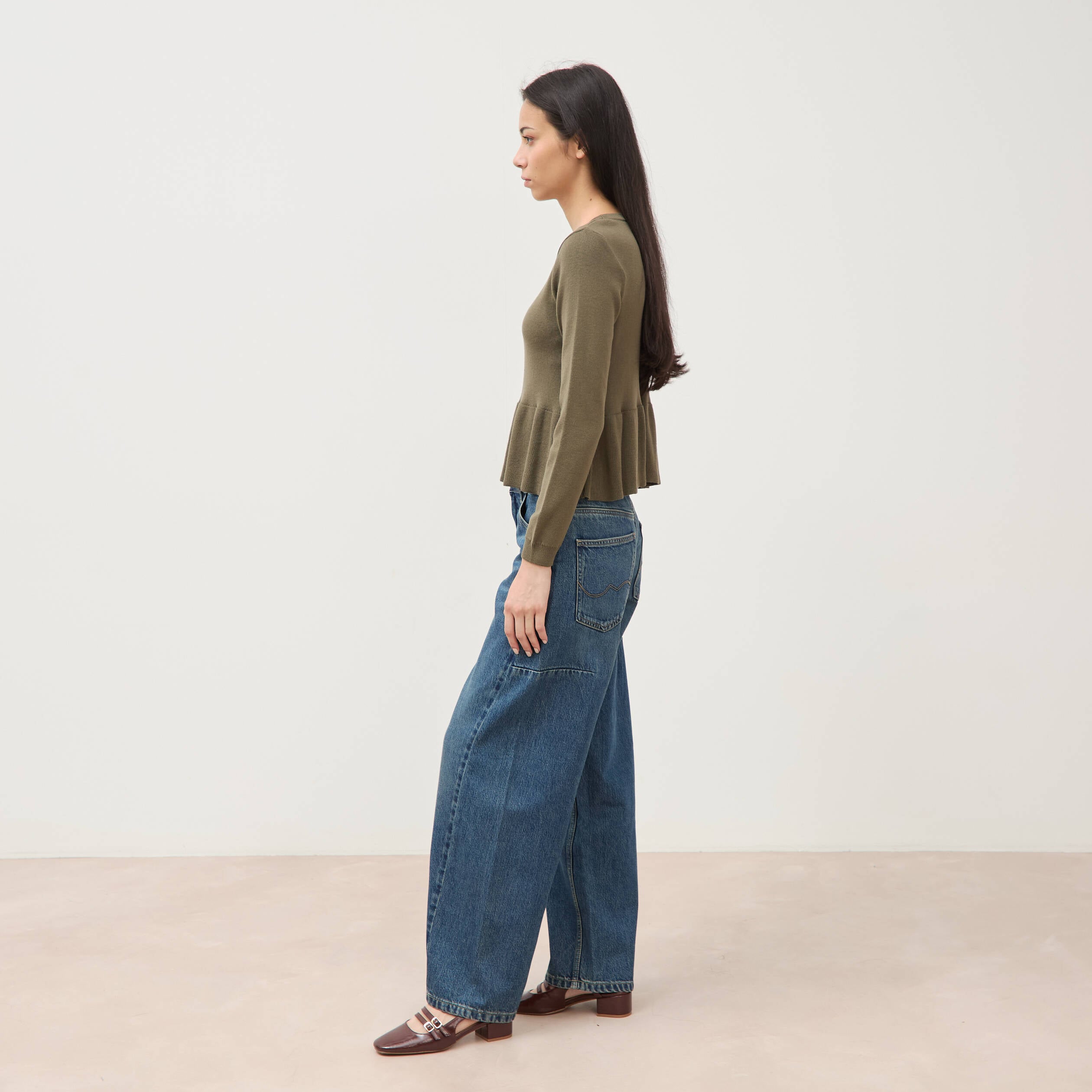 Pull col rond manches longues vert kaki femme