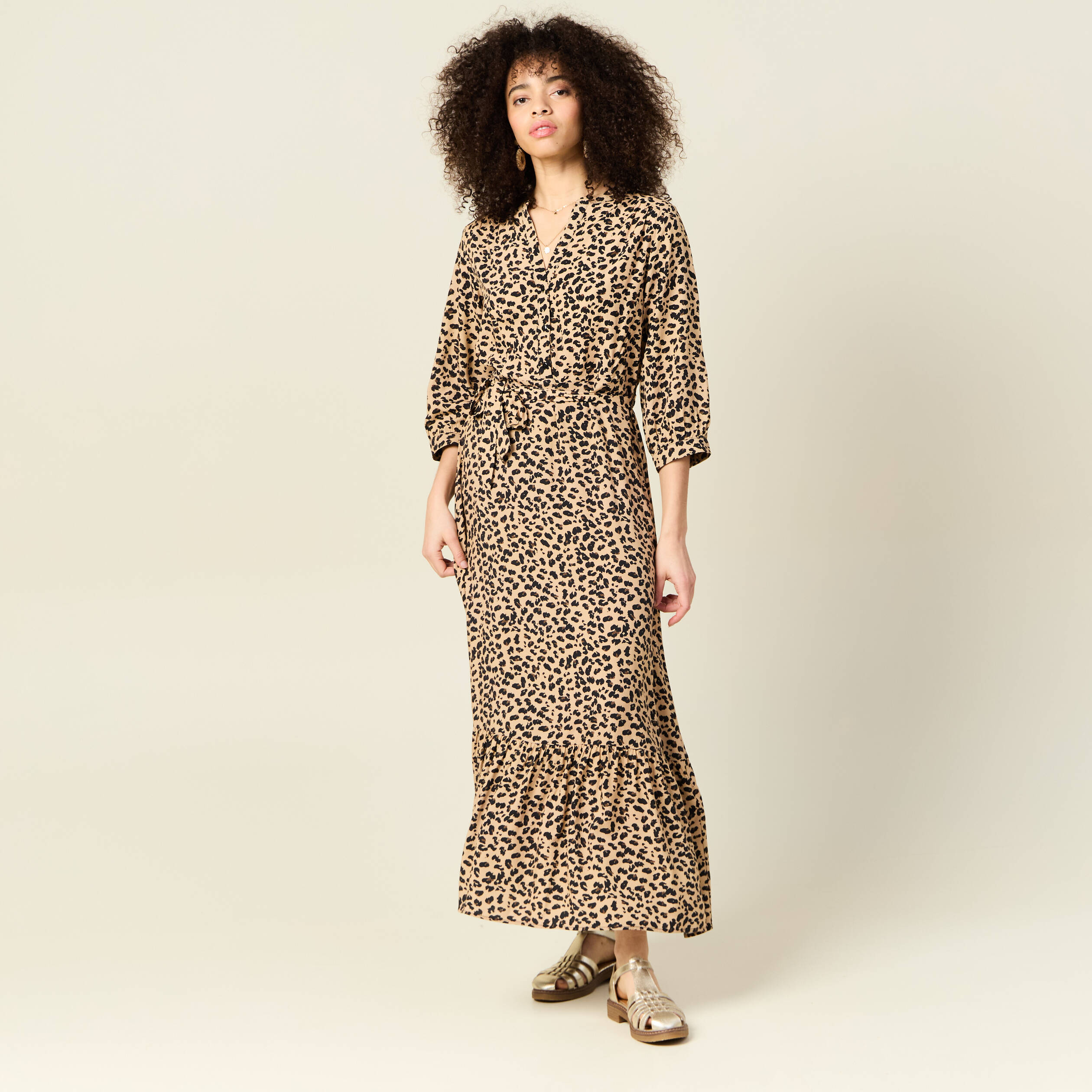 robe longue droite manches 34 marron clair femme Robe longue droite manches 3/4 marron clair femme