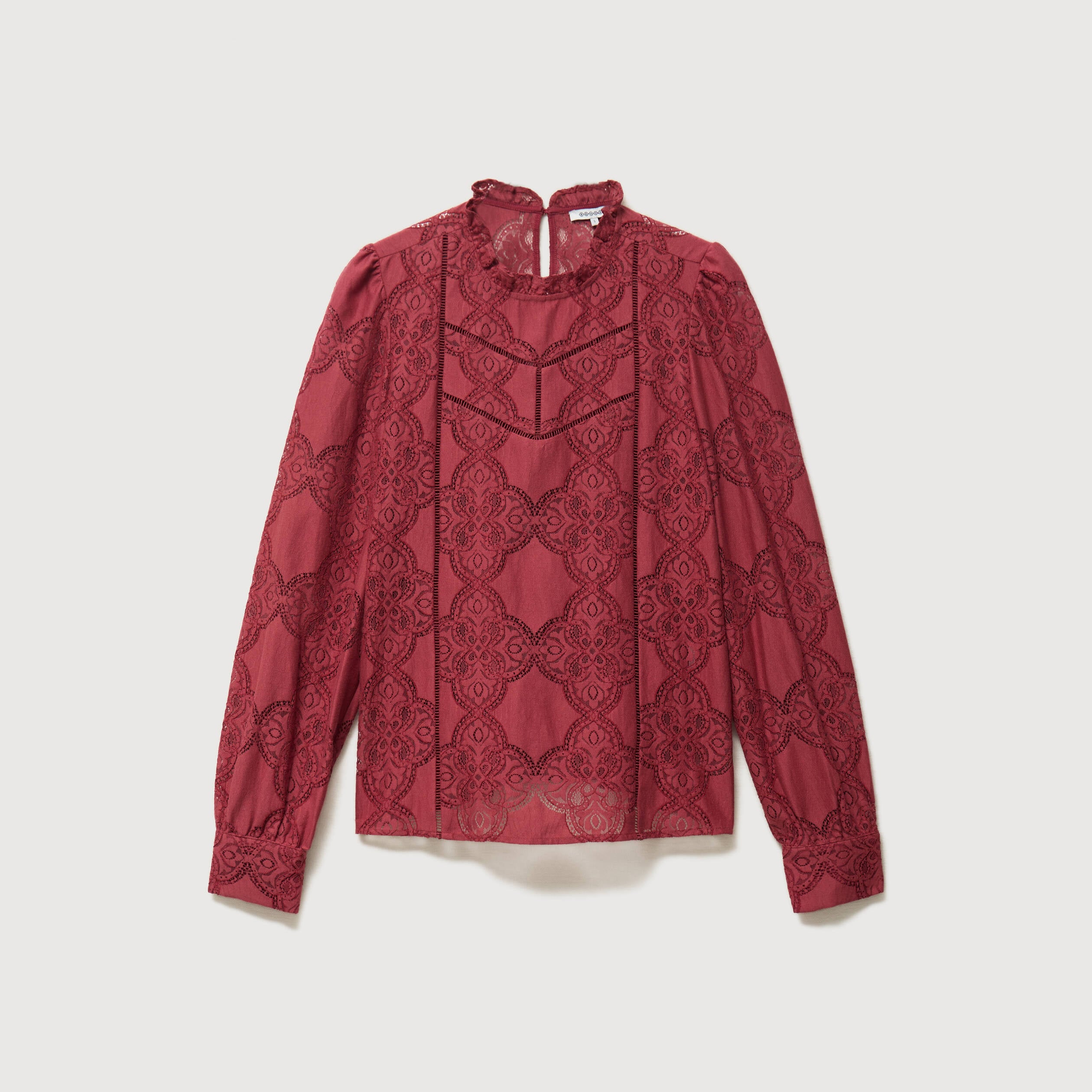 Blouse cintr&eacute;e dentelle manches longues rouge fonc&eacute; femme