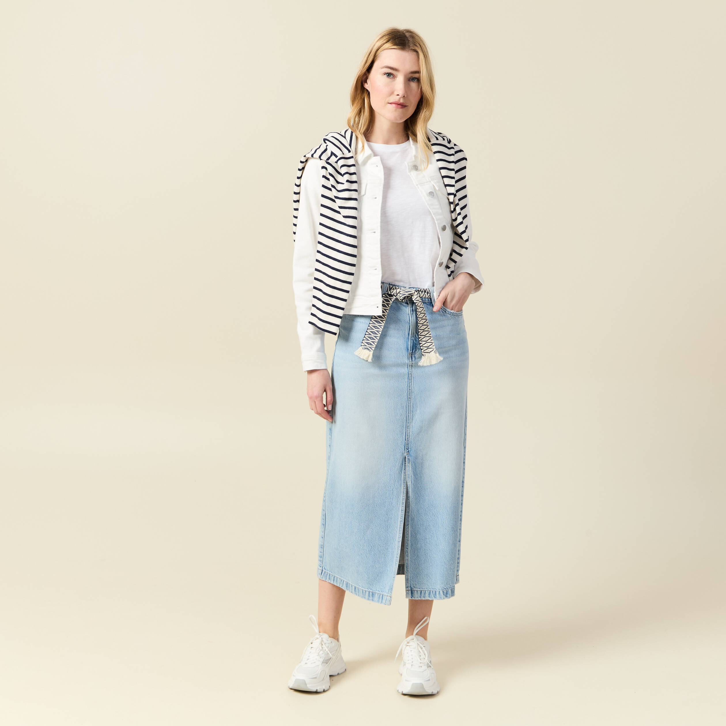 Jupe longue droite en jean denim bleach femme