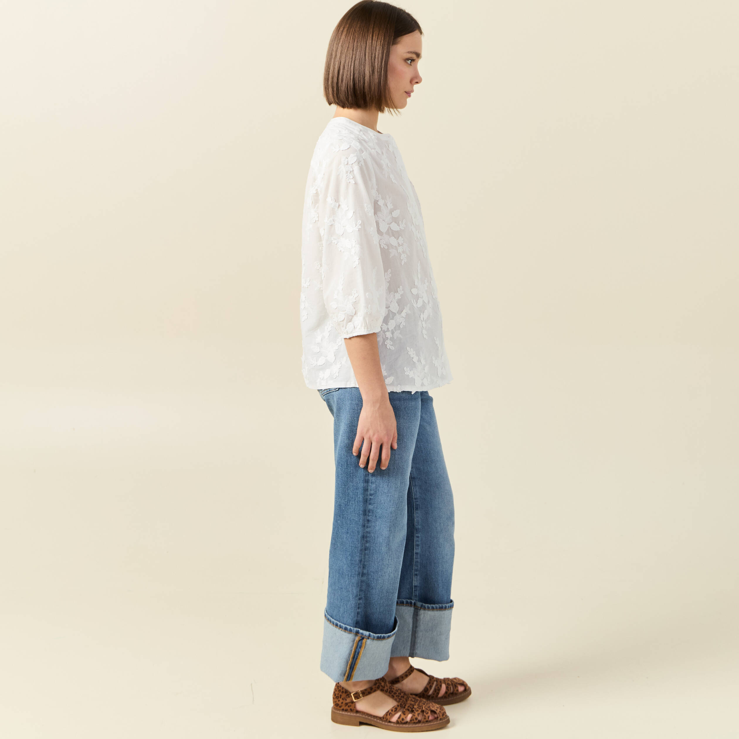 chemise manches 34 brodee ecru femme Chemise manches 3/4 brodée ecru femme