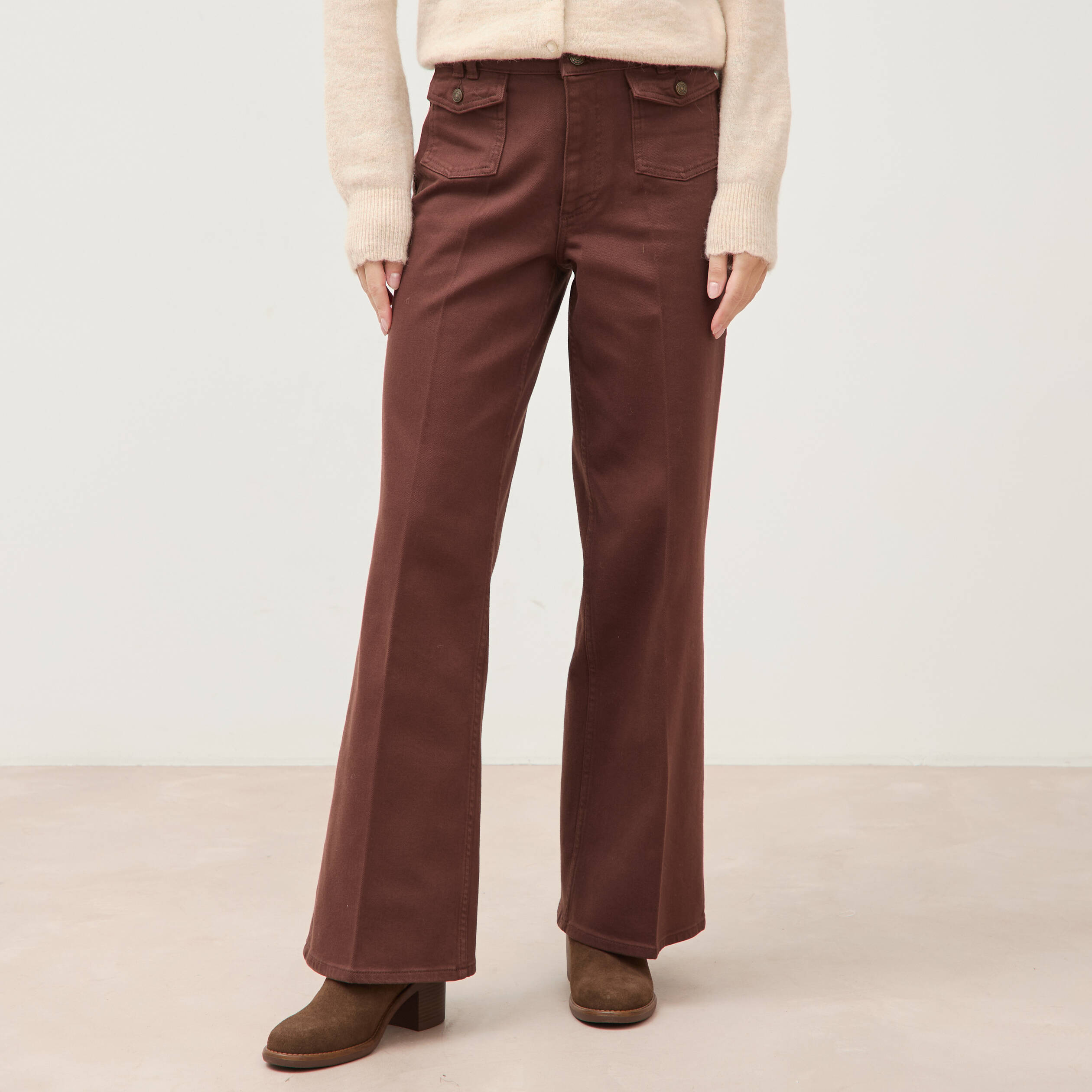 Jeans flare taille haute marron femme