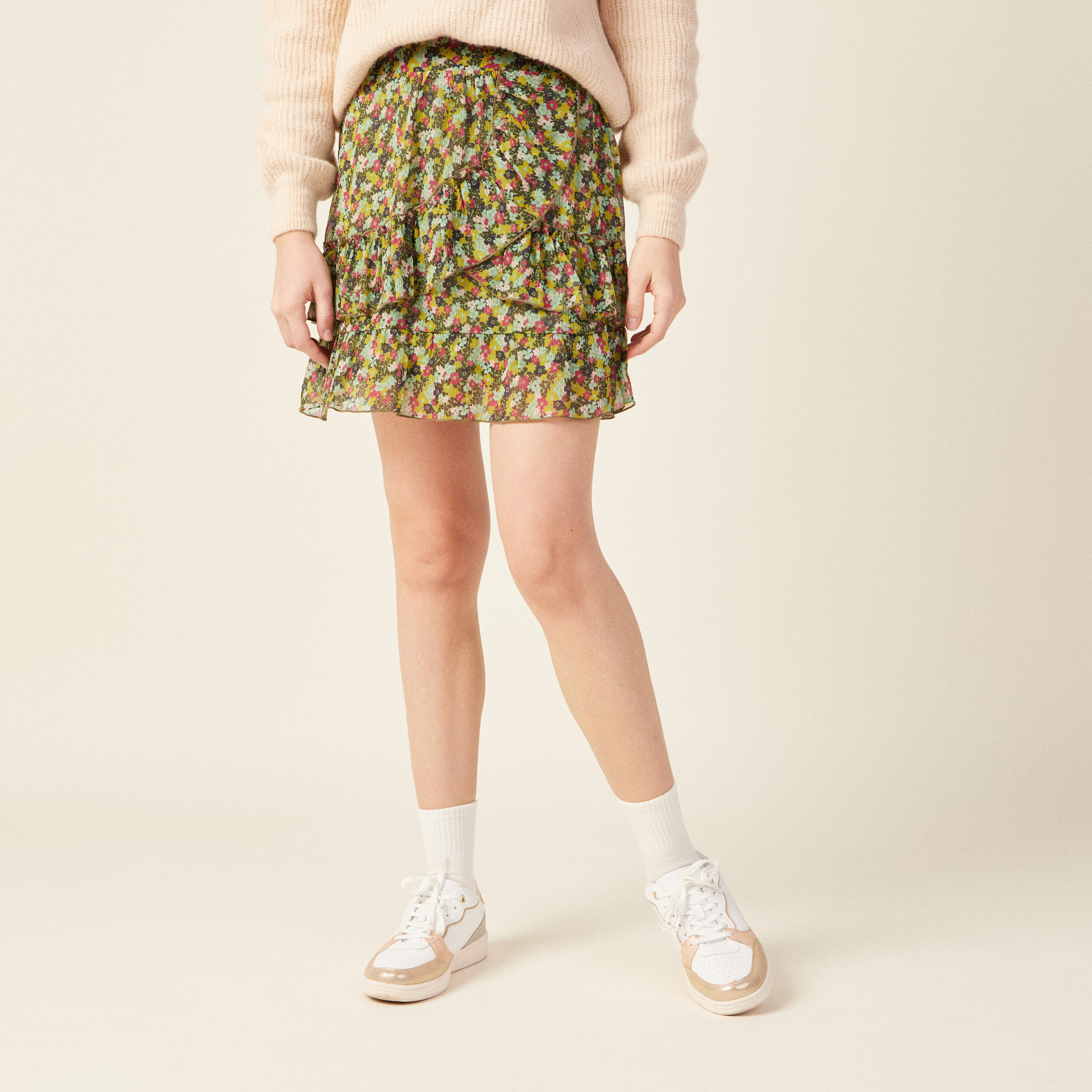 jupe droite volantee vert kaki femme Jupe droite volantée vert kaki femme