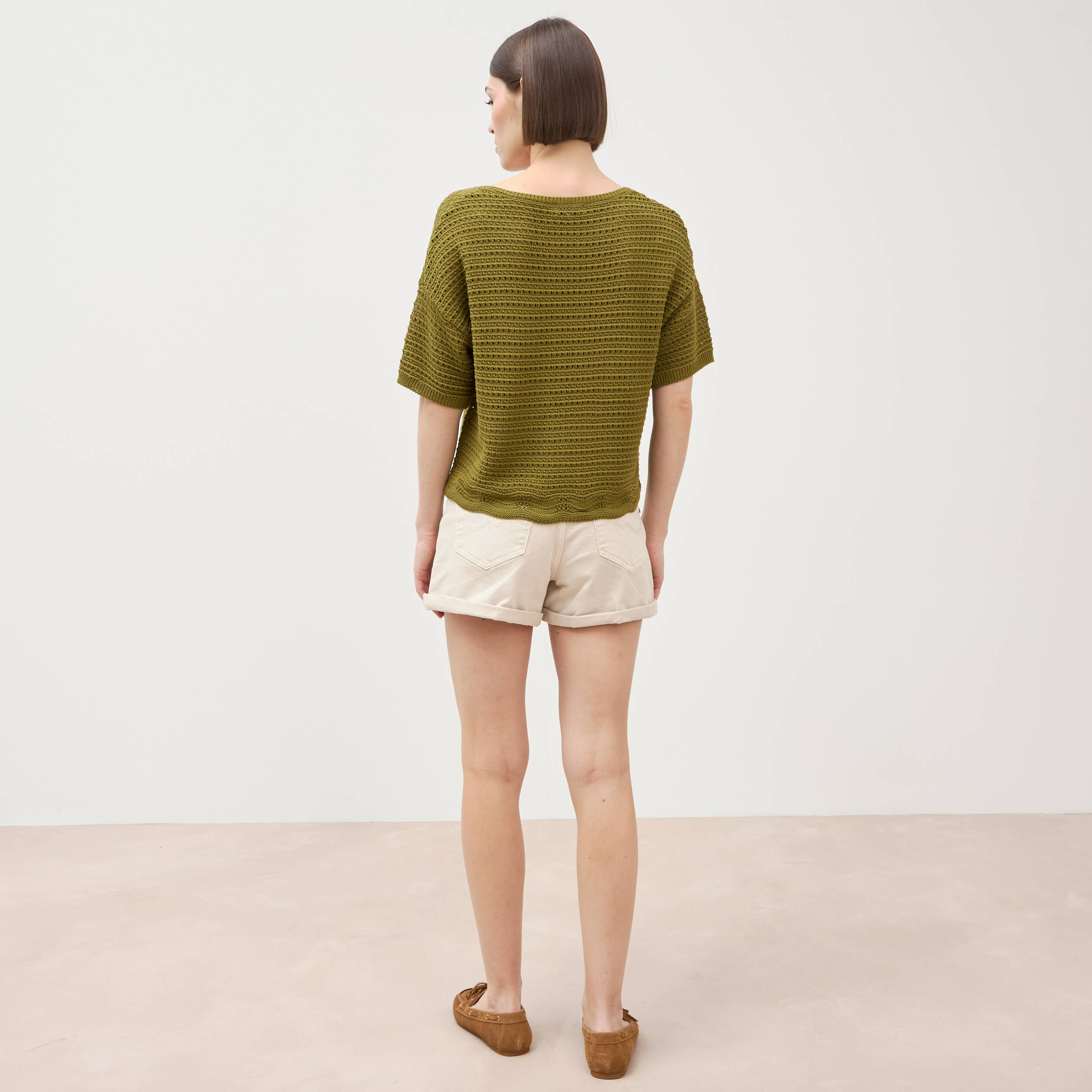 Pull col rond manches courtes vert kaki femme