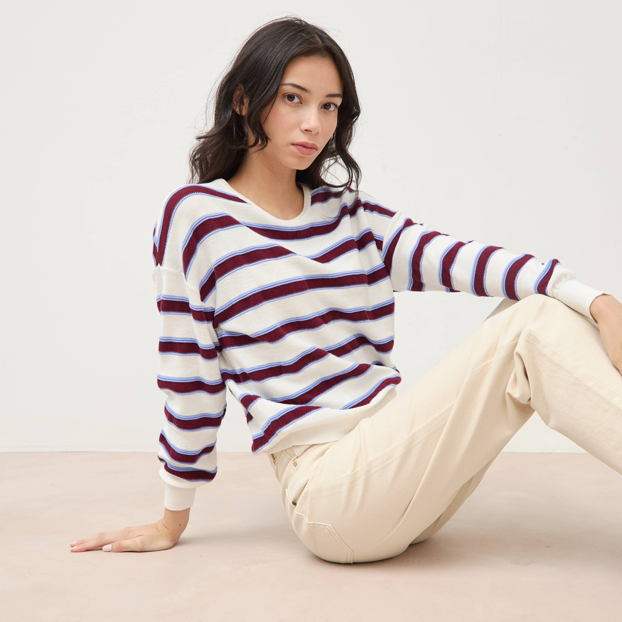 Pull col rond manches longues en coton marron chocolat femme