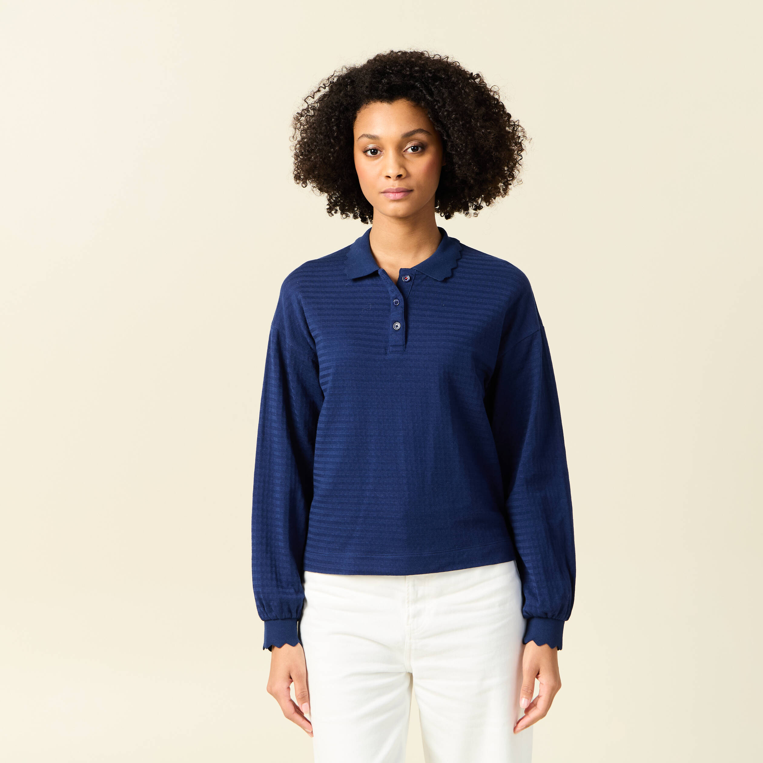 sweat manches longues col polo bleu fonce femme Sweat manches longues col polo bleu foncé femme