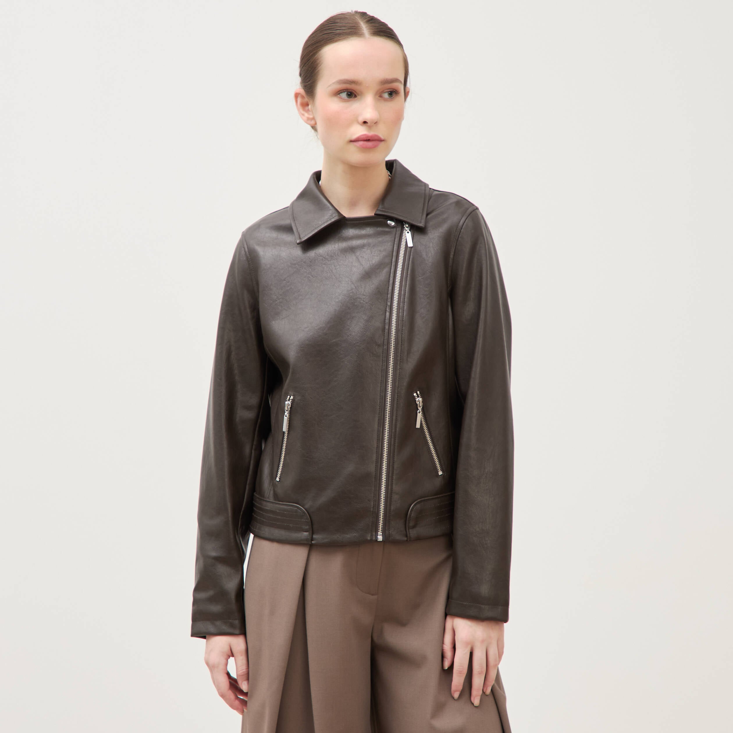 Perfecto manches longues similicuir marron fonc&eacute; femme