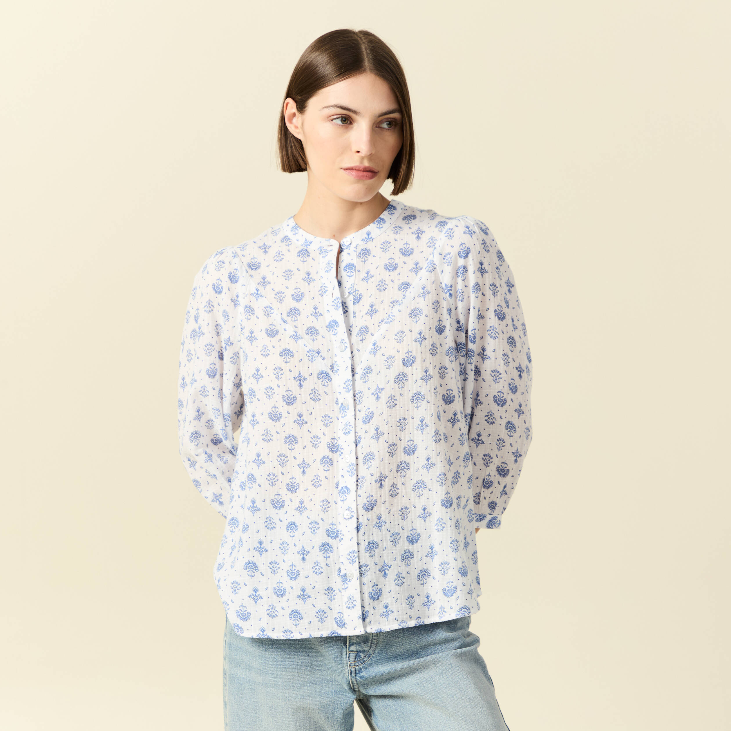 Chemise &agrave; manches longues bleu femme