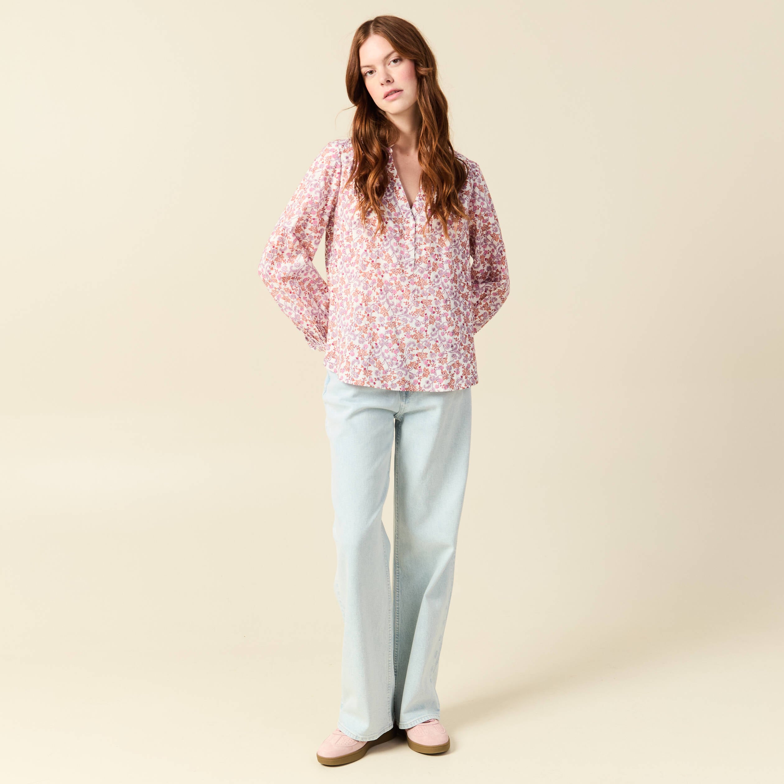 Blouse manches longues en coton orange corail femme