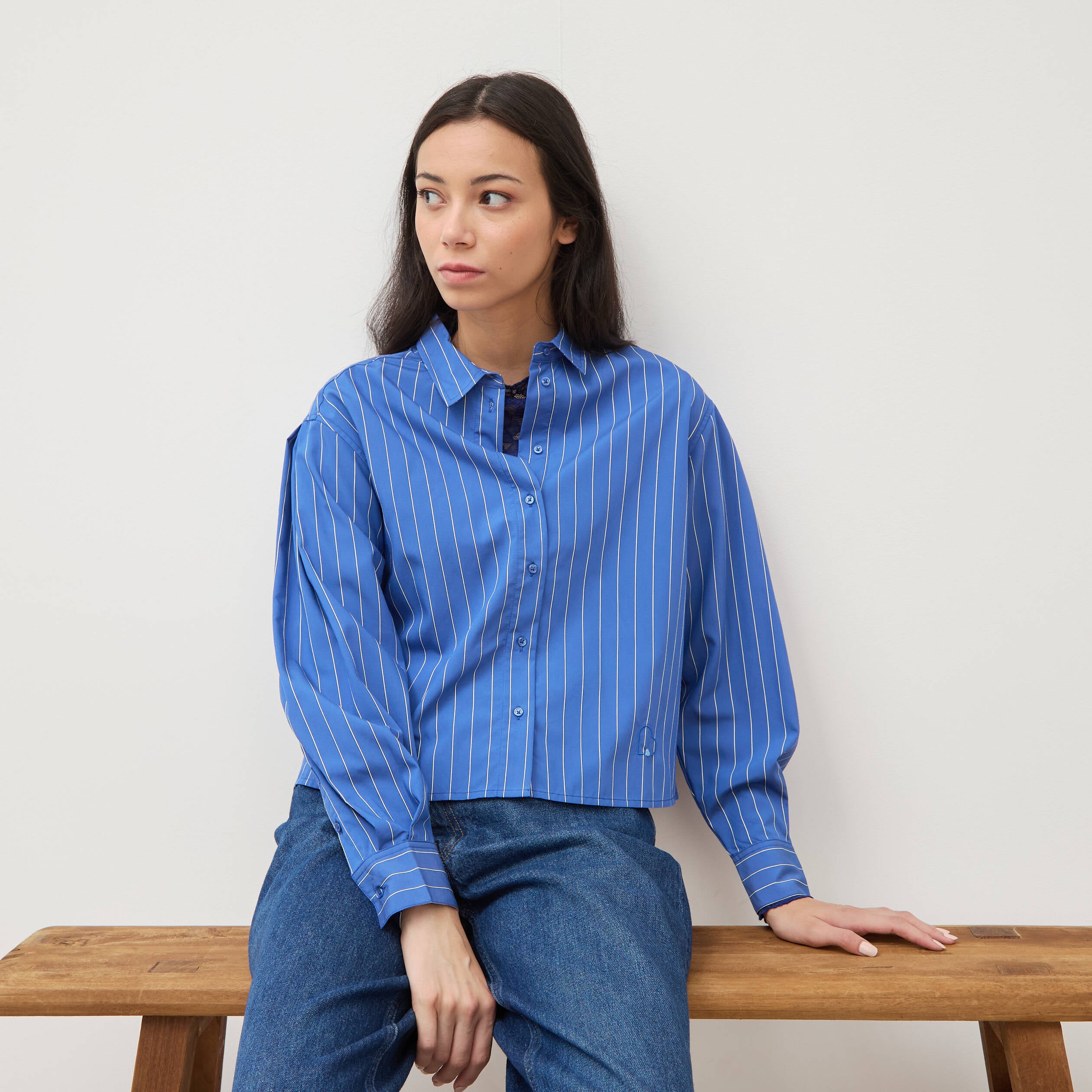 Chemise droite manches longues ray&eacute;e bleu femme