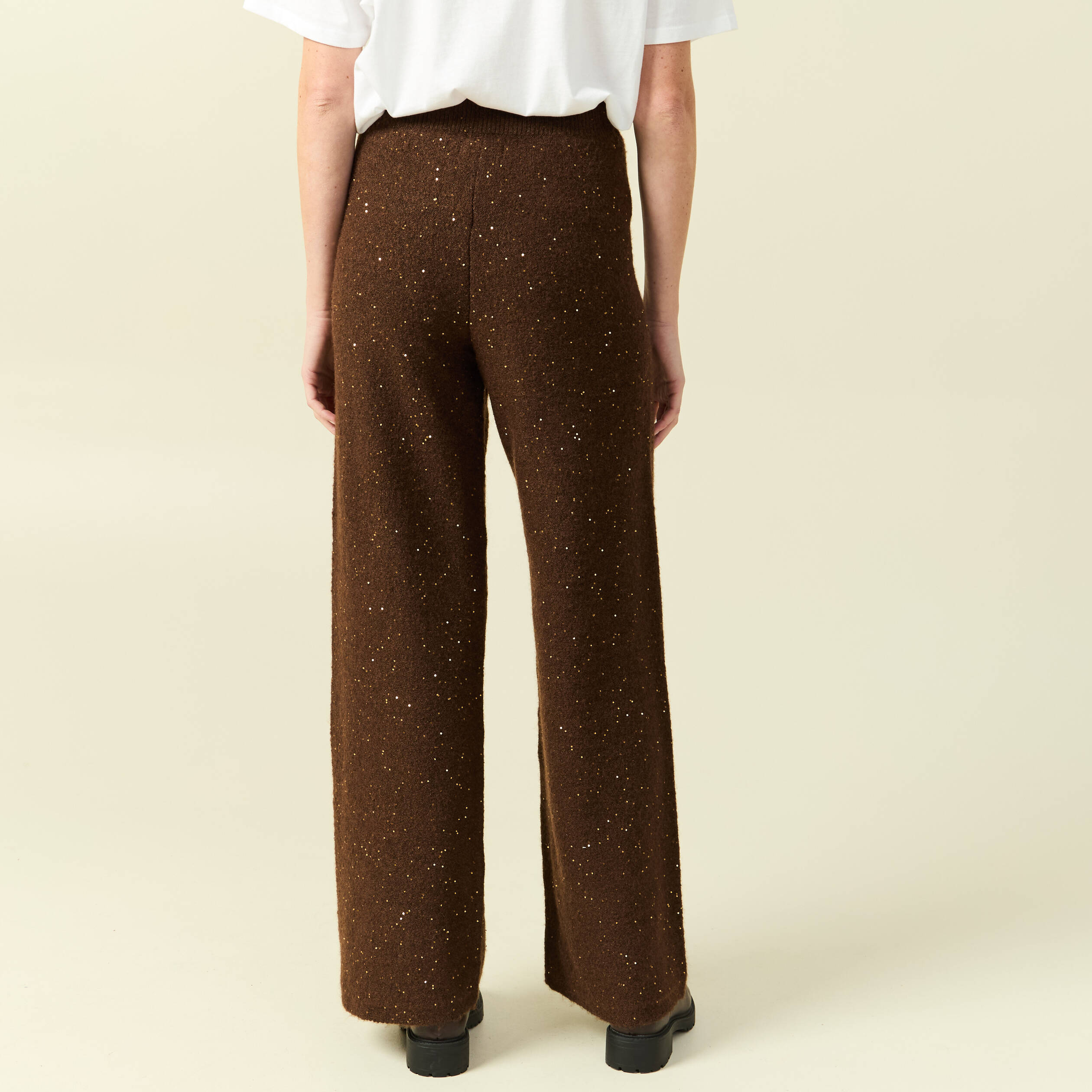 Pantalon large taille haute en maille marron fonc&eacute; femme