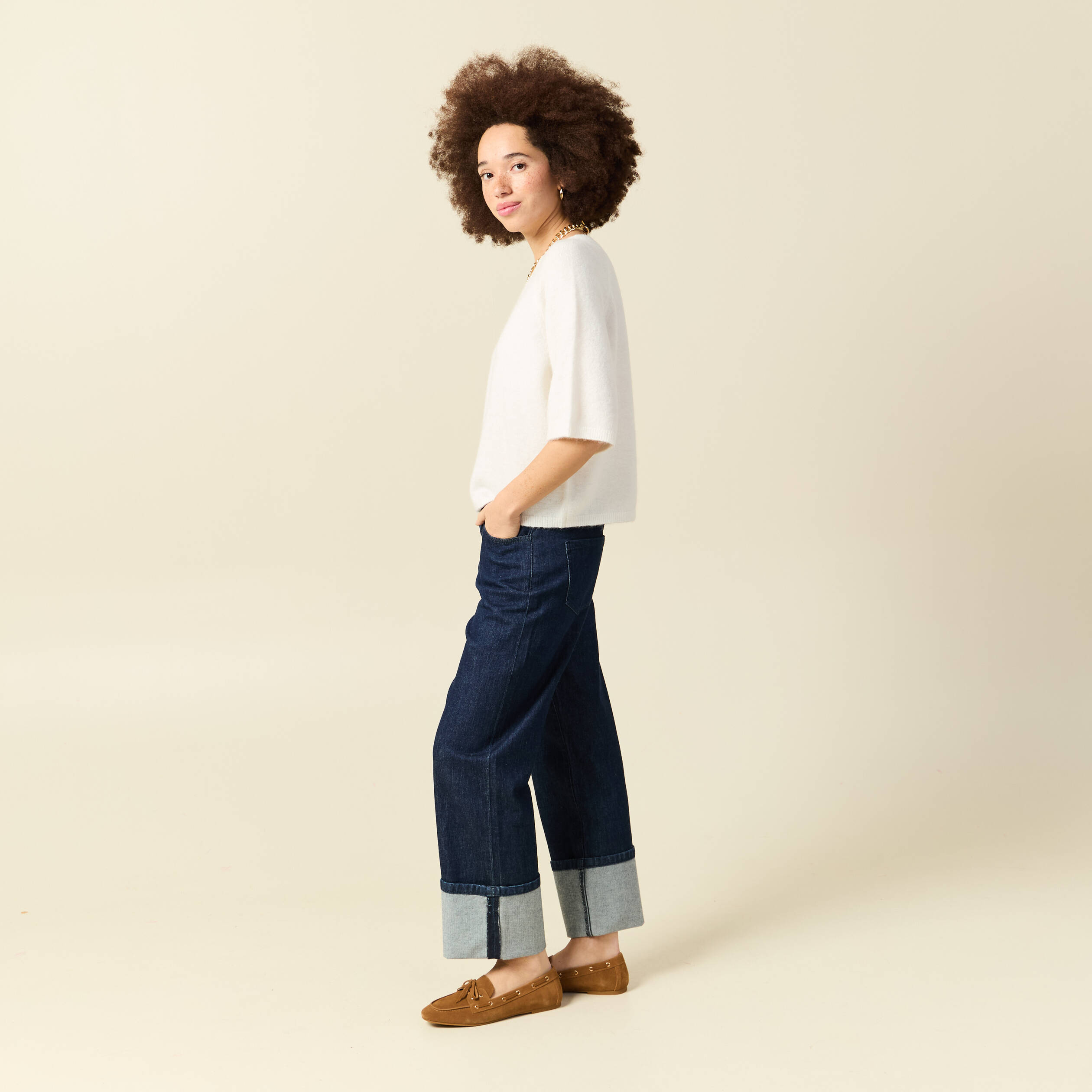 Pull col v manches 3/4 ecru femme