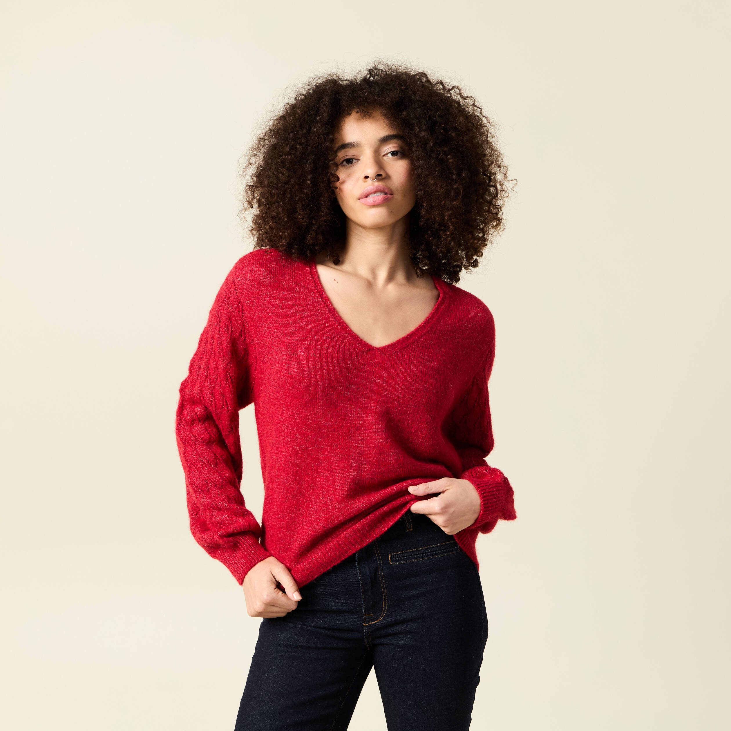 pull ajoure col v manches longues rouge femme Pull ajouré col V manches longues rouge femme
